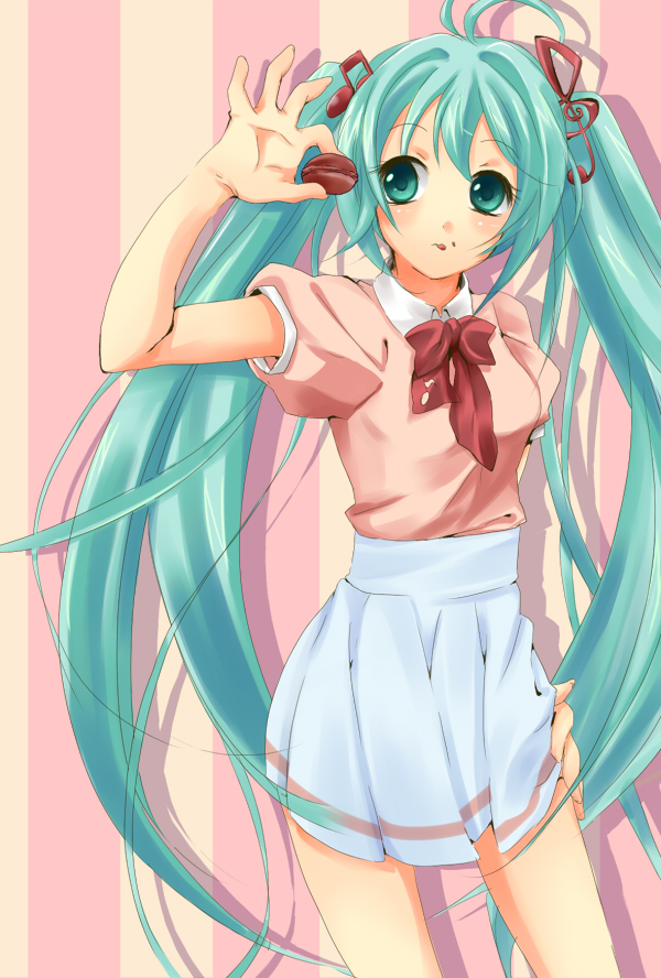 chantilly, hatsune miku, vocaloid, aqua eyes, aqua hair, long hair, skirt, solo, tongue, twintails, very long hair