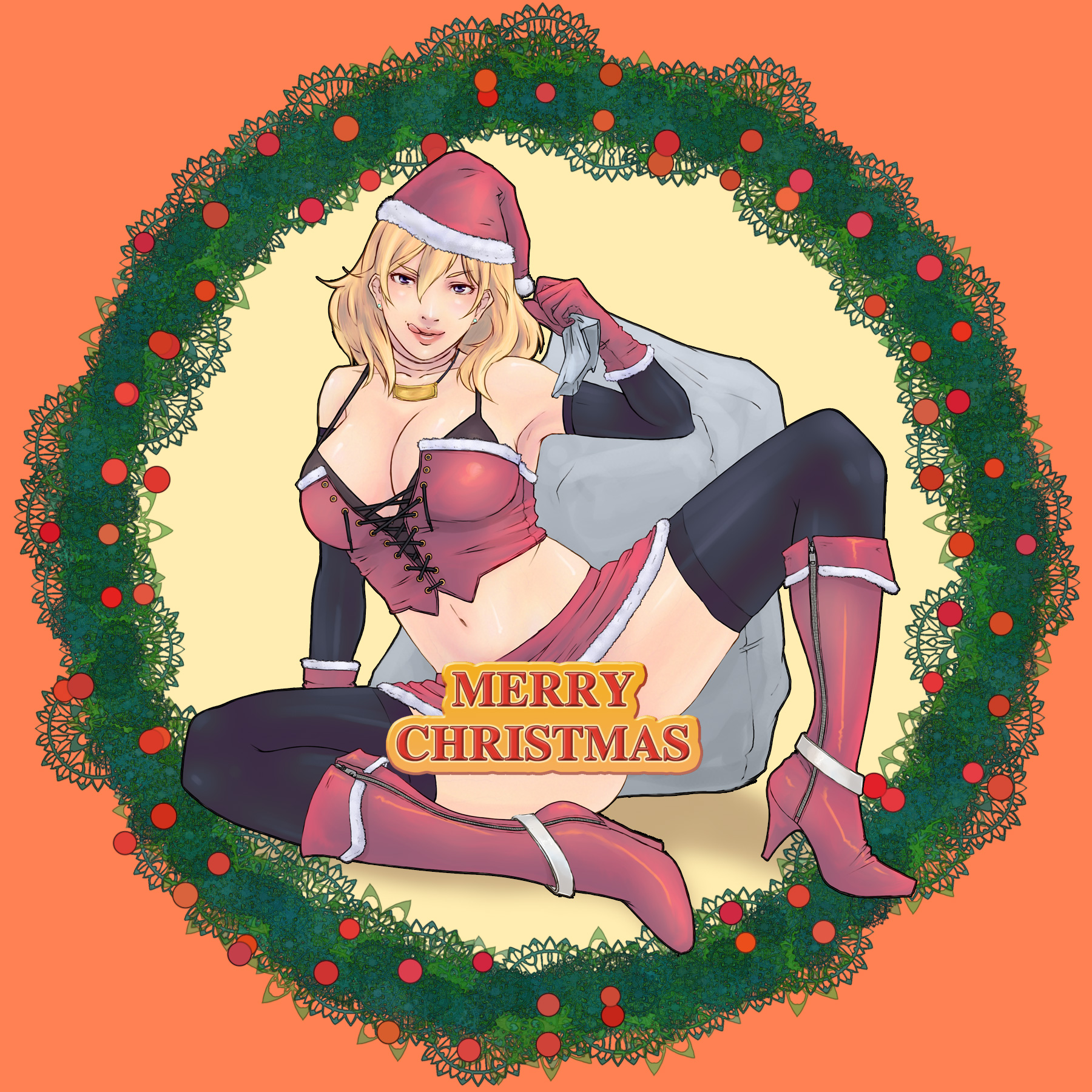 alva, bad id, bad pixiv id, highres, :q, blonde hair, boots, breasts, christmas, cleavage, hat, large breasts, midriff, purple eyes, santa costume, santa hat, thighhighs, tongue, tongue out, zipper