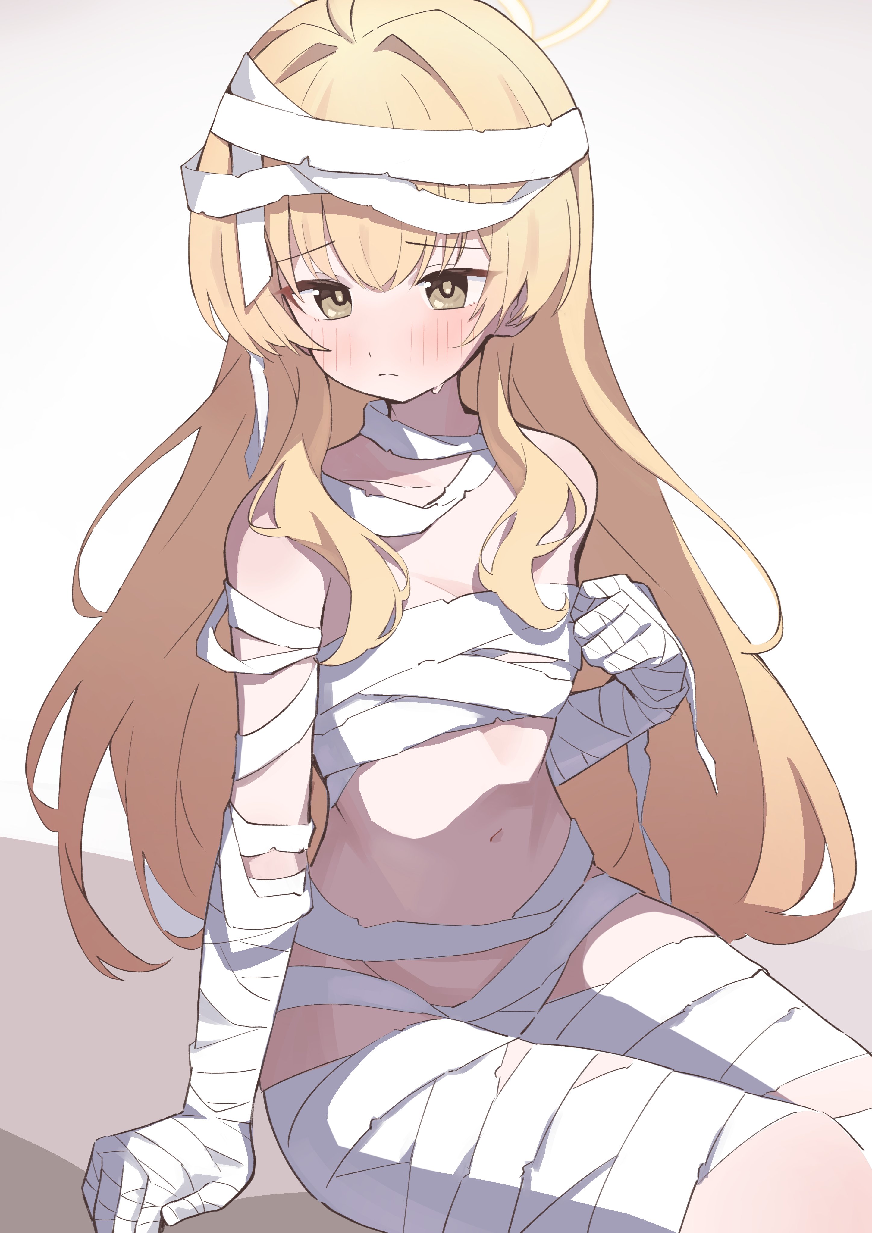 shiu kyu, yoshimi (blue archive), yoshimi (halloween) (blue archive), blue archive, absurdres, highres, 1girl, ahoge, bandaged hand, bandages, blonde hair, blush, breasts, closed mouth, collarbone, halloween costume, halo, long hair, mummy costume, naked bandage, navel, simple background, small breasts, solo, white background, yellow eyes, yellow halo
