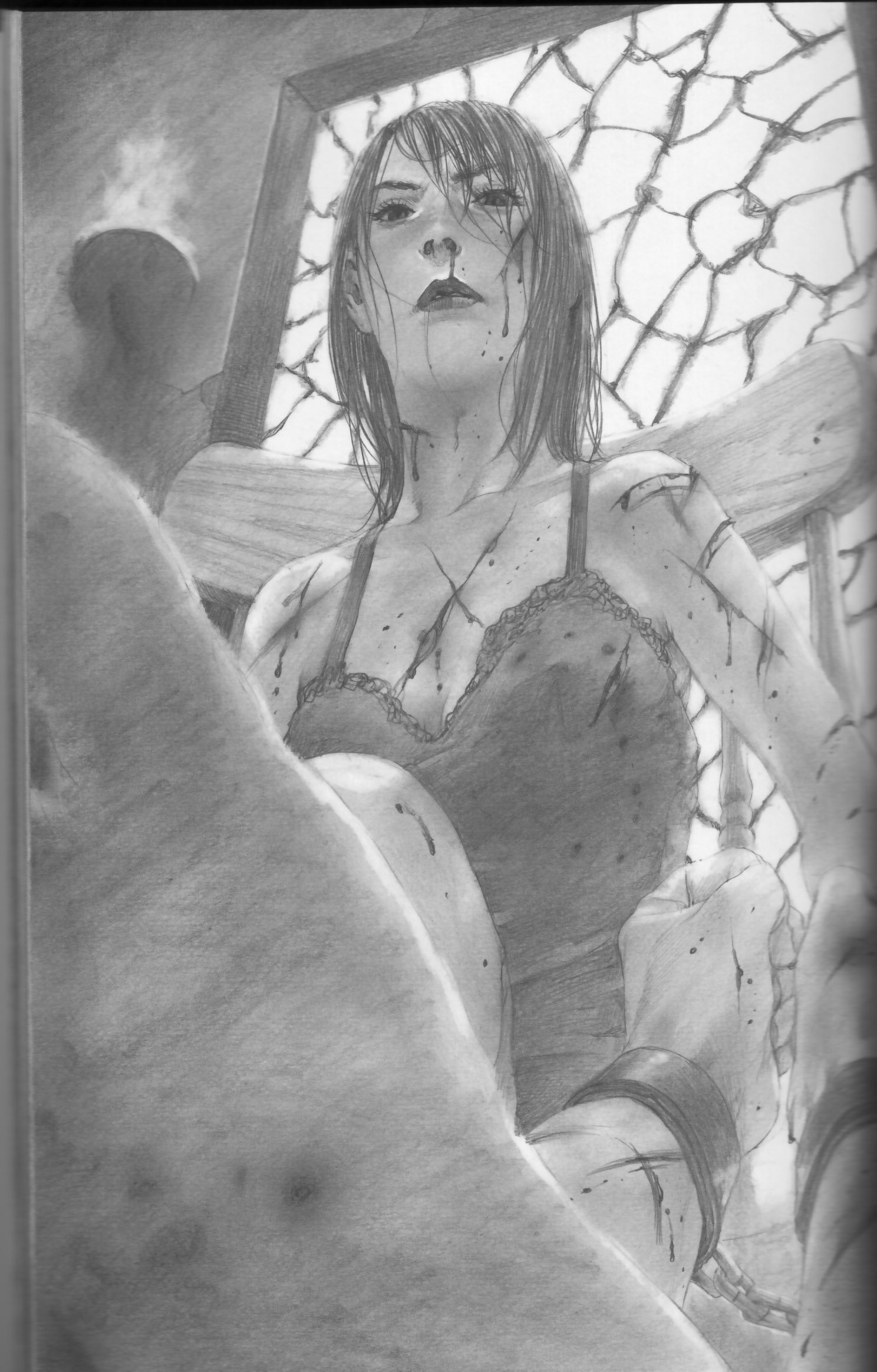 hiroaki samura, highres, angry, blood, breasts, chair, cleavage, cuffs, cuts, injury, monochrome, pencil, realistic, shackles, window
