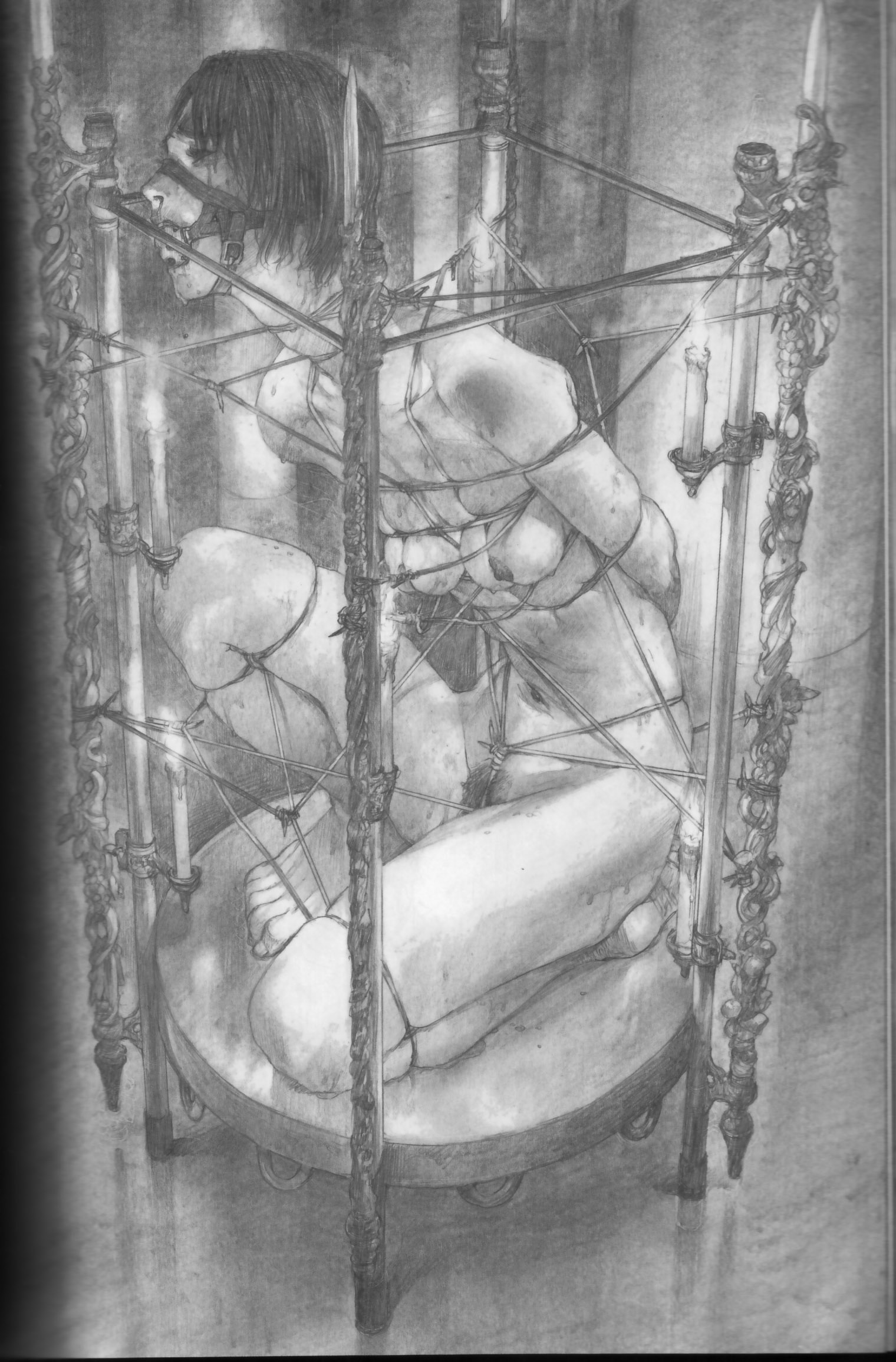 hiroaki samura, blade, highres, scan, 1girl, arms behind back, ball gag, barefoot, bdsm, black hair, bondage, bound, breasts, candle, closed eyes, female focus, female pubic hair, fire, gag, monochrome, navel, nipples, nude, pencil, pubic hair, realistic, saliva, short hair, solo, toes, torture, wire