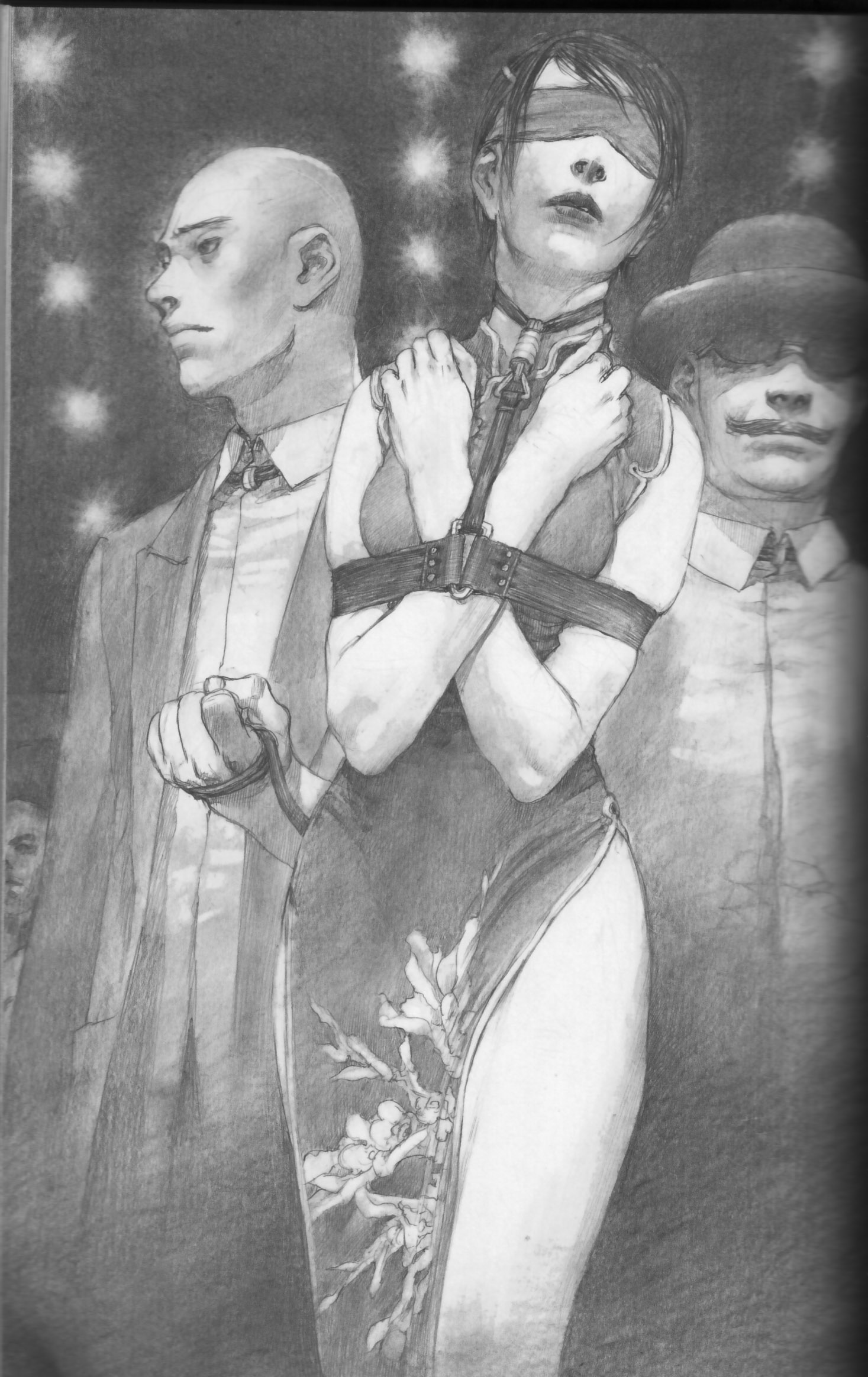 hiroaki samura, highres, bald, bdsm, blindfold, china dress, chinese clothes, dress, facial hair, glasses, hat, leash, monochrome, mustache, pencil, realistic, sunglasses