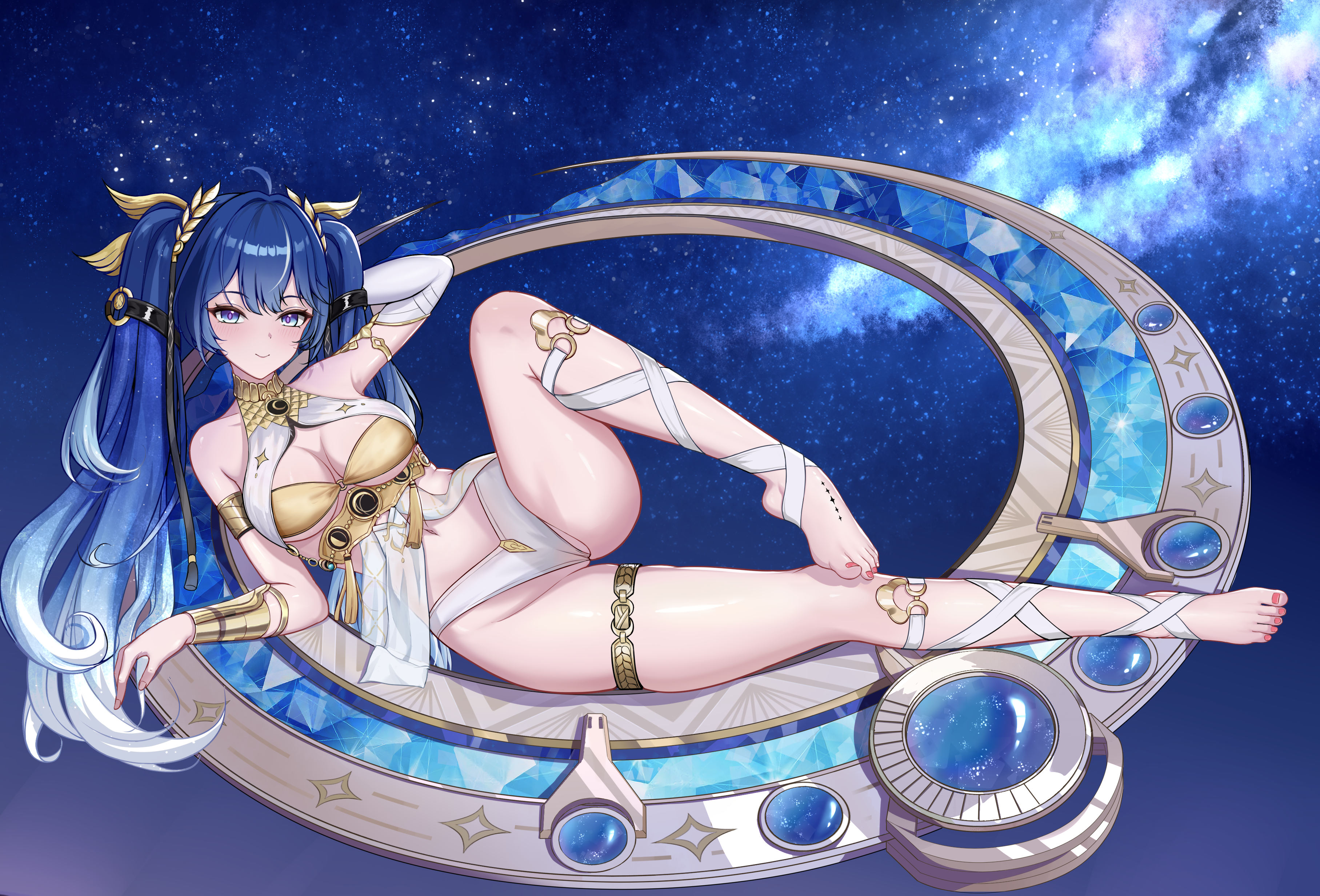 iuno (wuthering waves), wuthering waves, absurdres, commentary request, highres, partial commentary, 1girl, ahoge, ancient greek clothes, arm behind head, armlet, bare shoulders, barefoot, blue eyes, blue hair, breasts, cleavage, closed mouth, feet, full body, gold bra, gradient hair, greco-roman clothes, groin, jewelry, laurel crown, leg wrap, long hair, looking at viewer, medium breasts, multicolored hair, navel, partially visible vulva, smile, snow ridge (2768088878), solo, stomach, tacet mark (wuthering waves), thighlet, thighs, toes, vambraces