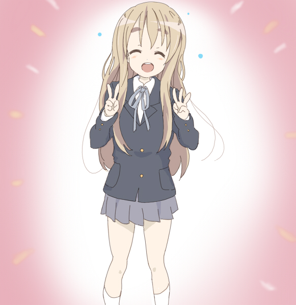 core (mayomayo), kotobuki tsumugi, k-on!, eyebrows, bad id, bad pixiv id, 00s, 1girl, blonde hair, closed eyes, female focus, happy, open mouth, round teeth, school uniform, smile, socks, solo, teeth, v, white socks