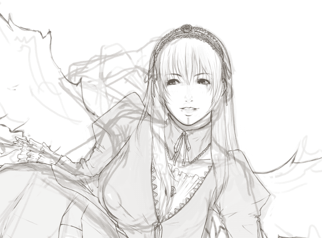 alva, suigintou, rozen maiden, 00s, 1girl, bow, breasts, female focus, frills, greyscale, hairband, large breasts, lolita fashion, lolita hairband, long hair, monochrome, sketch, smile, solo