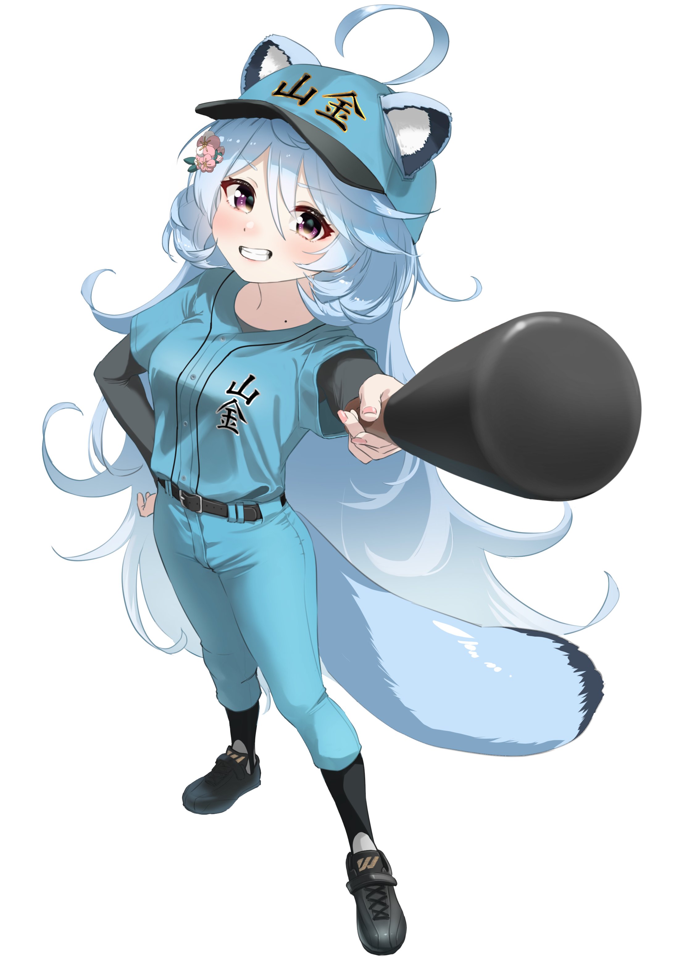 tama (tamago), watanuki neguse, .live, absurdres, commentary request, highres, 1girl, ahoge, animal ears, baseball bat, baseball cap, baseball uniform, black shoes, blue hair, breasts, flower, full body, grin, hair between eyes, hair flower, hair ornament, hand on own hip, hat, holding, holding baseball bat, long hair, medium breasts, mole, mole on breast, perspective, raccoon ears, raccoon girl, raccoon tail, red eyes, shoes, smile, solo, sportswear, tail, very long hair, virtual youtuber