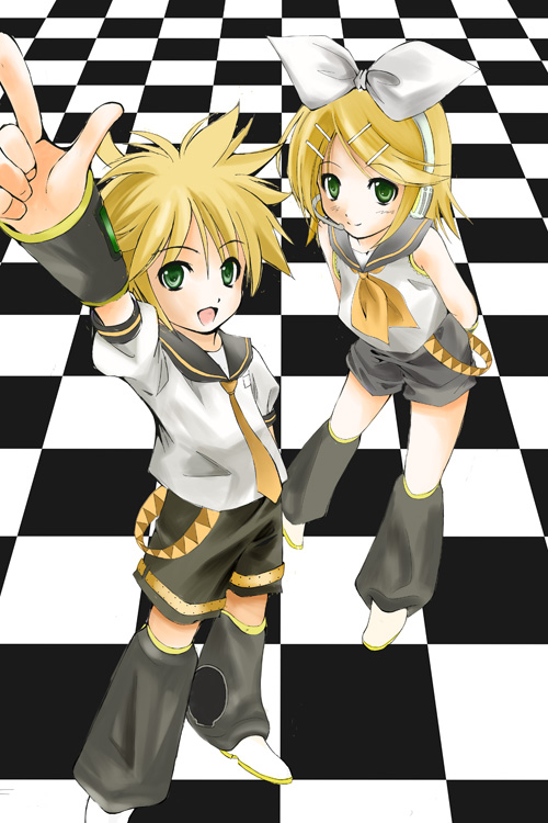 kurosarena, kagamine len, kagamine rin, vocaloid, 1boy, 1girl, blonde hair, bow, brother and sister, detached sleeves, green eyes, hair bow, hair ornament, hairclip, headset, short hair, shorts, siblings, twins