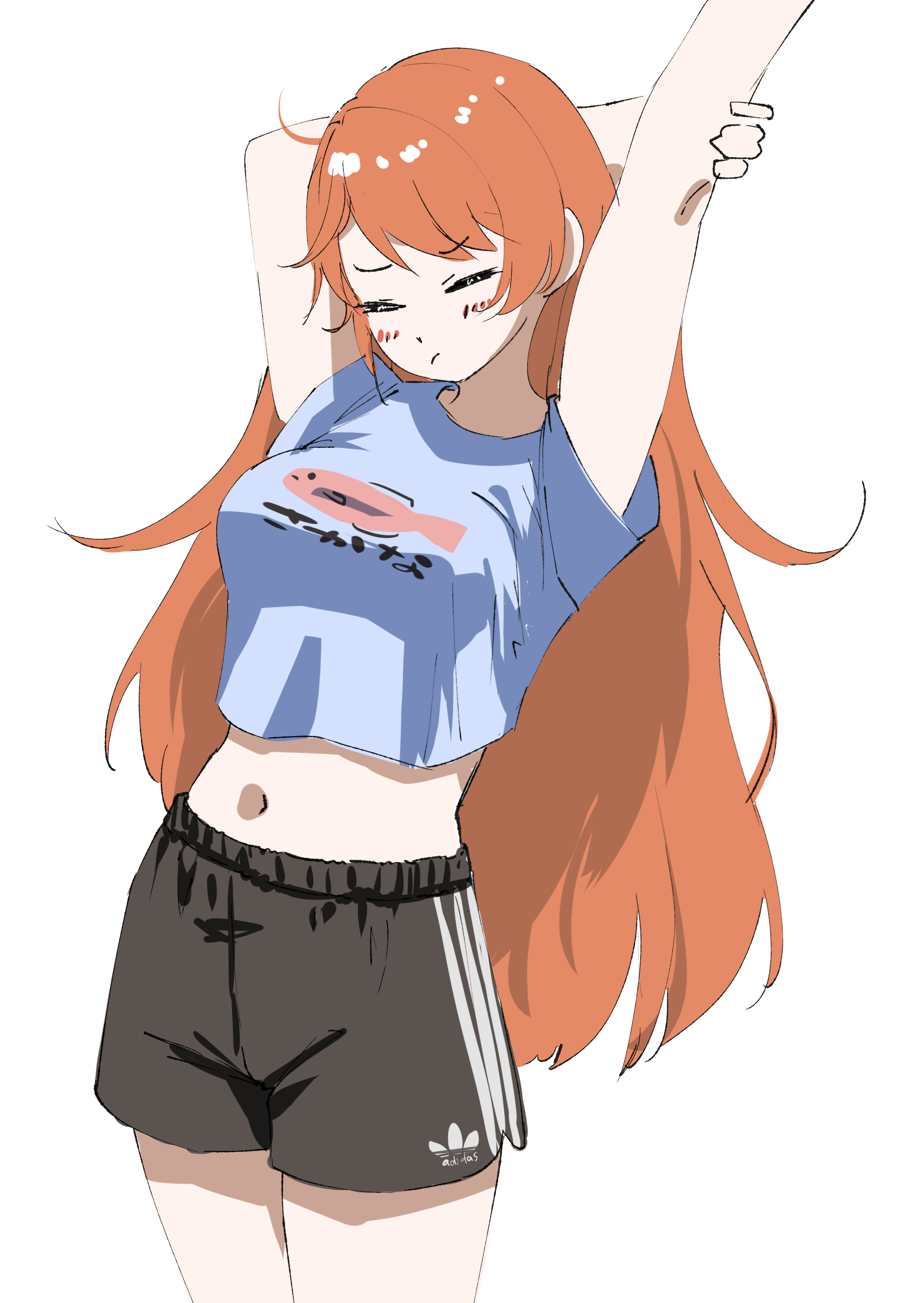 tama (tamago), nanahoshi milily, .live, adidas, absurdres, commentary request, highres, 1girl, arms up, black shorts, blue shirt, breasts, closed eyes, cowboy shot, crop top, cropped shirt, hair down, long hair, medium breasts, midriff, navel, orange hair, shirt, short shorts, shorts, solo, stretching, very long hair, virtual youtuber