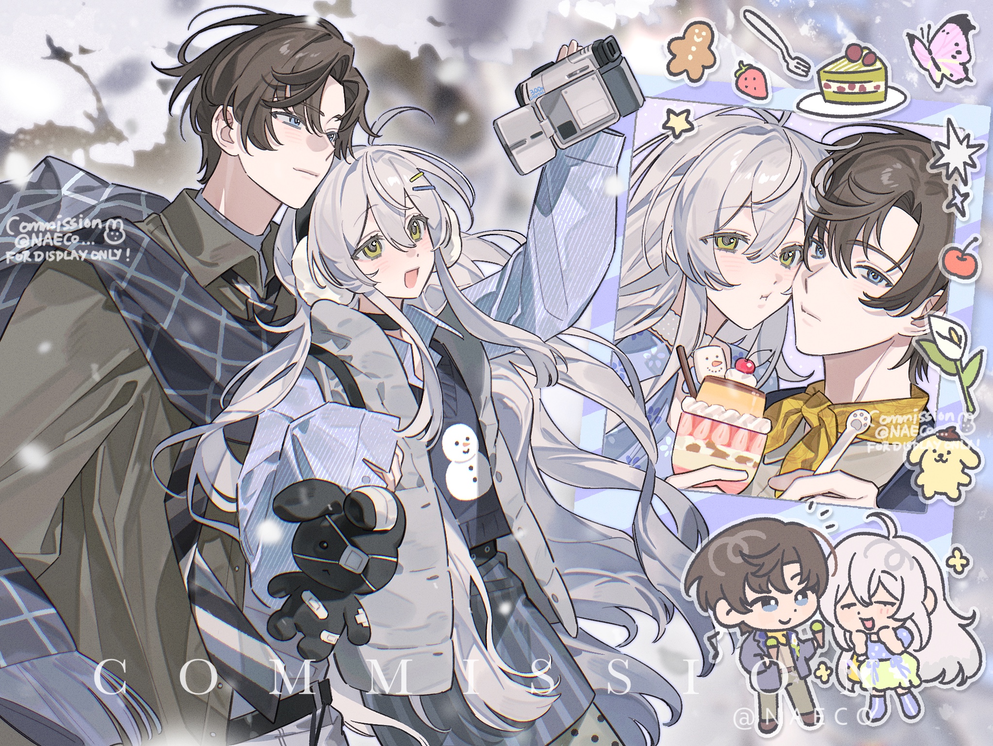 evodtonaeco, original, commission, highres, 1boy, 1girl, ahoge, blue eyes, blush, brown hair, bug, butterfly, cake, cake slice, camera, chibi, chibi only, closed mouth, coat, collared shirt, dress, food, fork, fruit, green eyes, grey hair, grey jacket, hair between eyes, hair ornament, hairclip, holding, holding camera, insect, jacket, long hair, long sleeves, looking at viewer, multiple views, open clothes, open mouth, pants, plate, scarf, shirt, short hair, skirt, smile, snowing, snowman, strawberry, stuffed animal, stuffed toy, sweater, very long hair