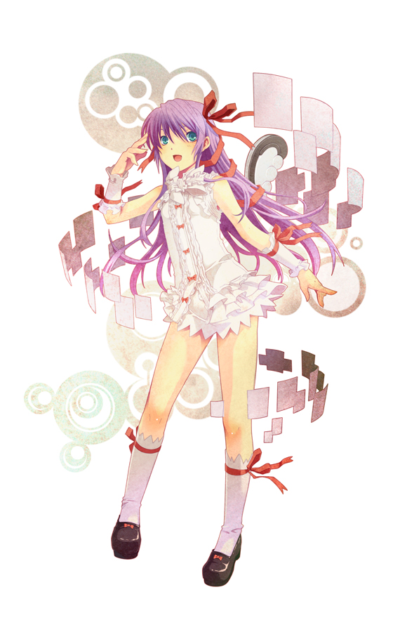 kondou (dioptrie), al azif (demonbane), demonbane, bad id, bad pixiv id, 00s, frills, green eyes, hair ribbon, legs, long hair, purple hair, ribbon, solo, wrist cuffs