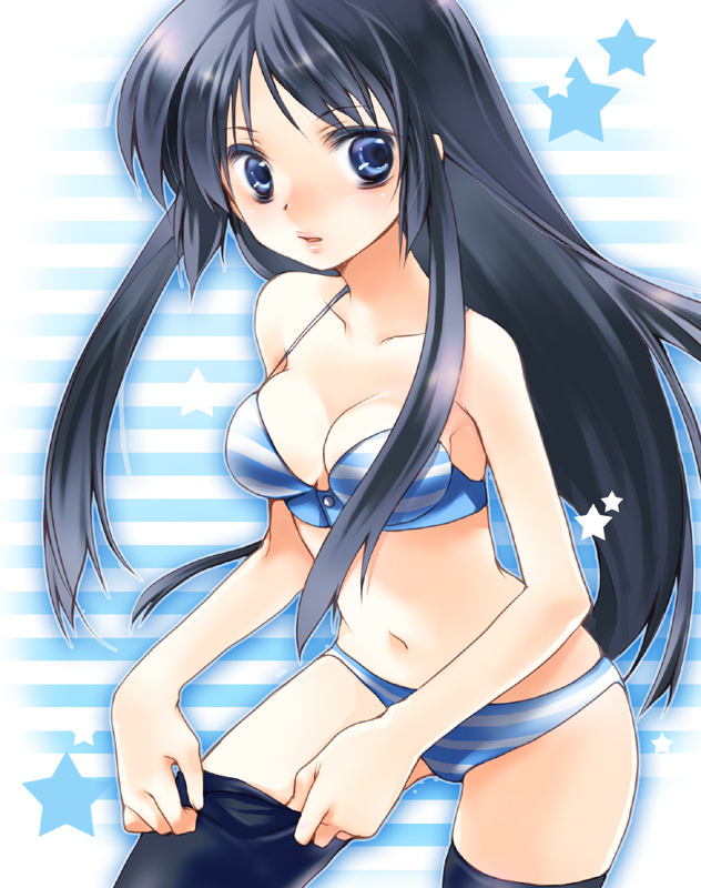 shima (6land), akiyama mio, k-on!, bad id, bad pixiv id, 00s, 1girl, black thighhighs, blue eyes, blush, bra, female focus, lingerie, long hair, navel, panties, solo, striped bra, striped clothes, striped panties, thighhighs, underwear, underwear only