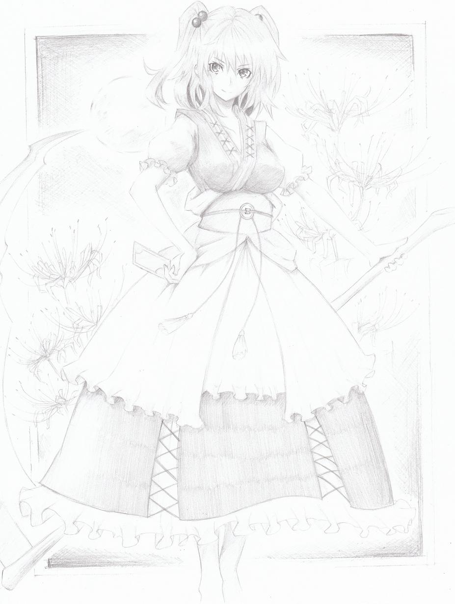 9gennfox, onozuka komachi, touhou, bad id, bad pixiv id, highres, traditional media, 1girl, breasts, dress, female focus, flower, greyscale, hand on own hip, monochrome, pale color, plant, short hair, solo, twintails, two side up, white background