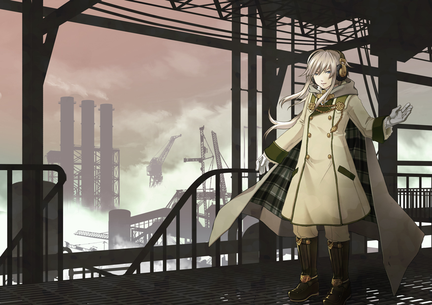 kondou (dioptrie), original, plaid, bad id, bad pixiv id, blue eyes, boots, cape, coat, gloves, headphones, industrial, long hair, smile, solo, white hair