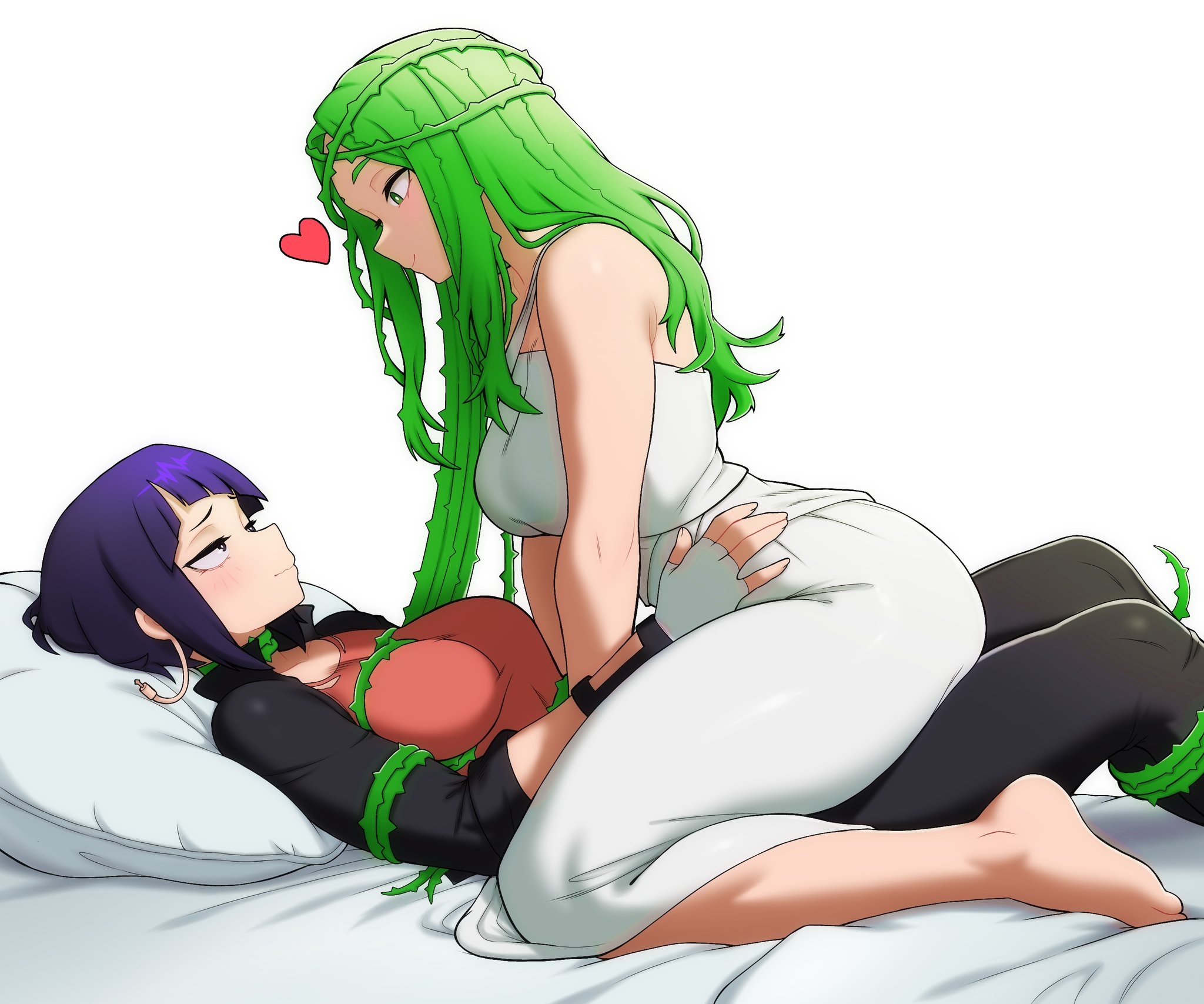 evoltodraw, jiro kyoka, shiozaki ibara, boku no hero academia, highres, 2girls, audio jack, black eyes, black jacket, blush, breasts, dress, fingerless gloves, gloves, green eyes, green hair, heart, jacket, large breasts, long earlobes, long hair, medium breasts, multiple girls, on bed, pillow, pink shirt, plant, plant hair, prehensile hair, purple hair, shirt, short hair, straddling, thorns, very long hair, vines, white dress, wrapped up, yuri
