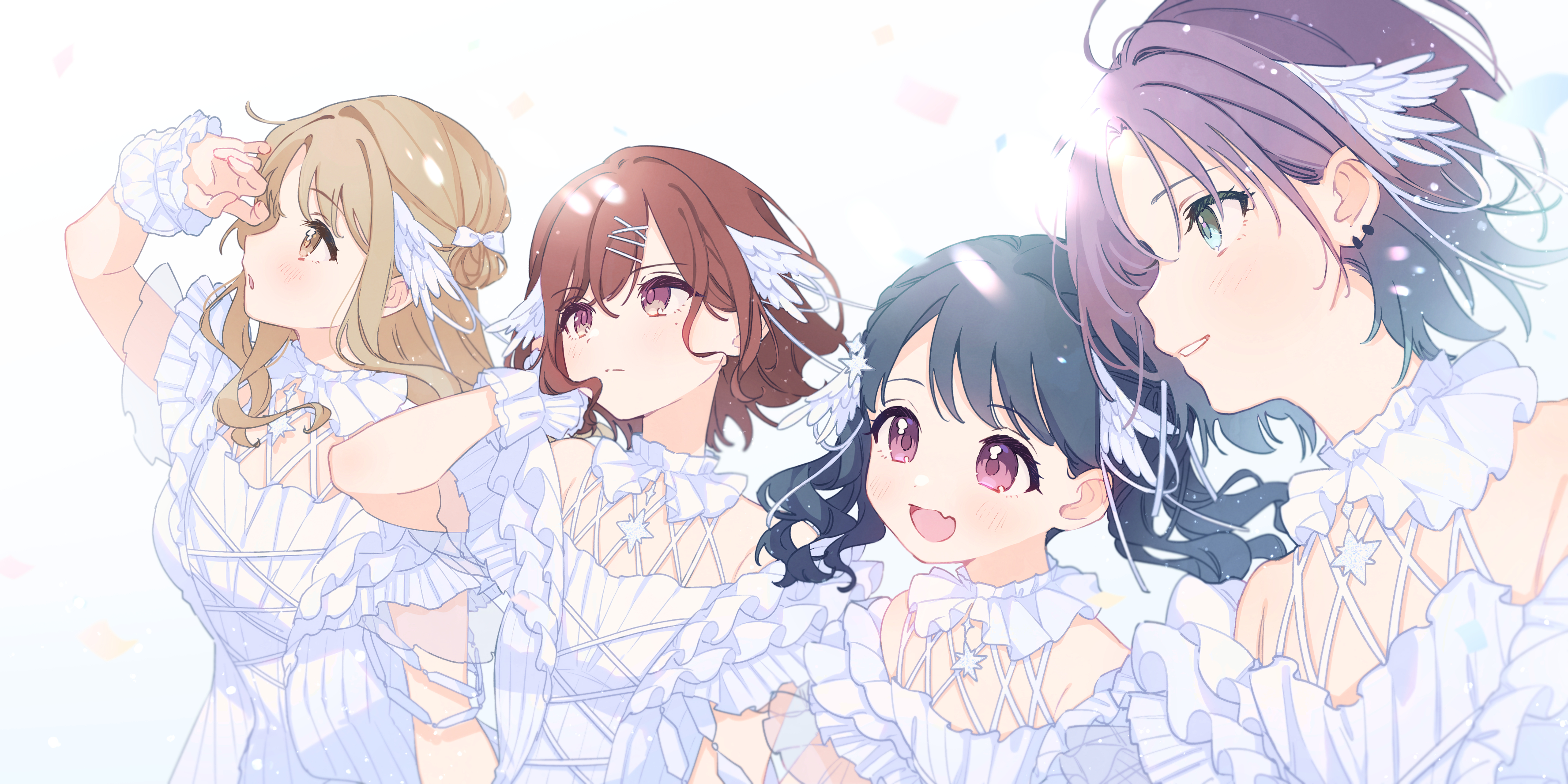 mameyanagi, asakura toru, fukumaru koito, higuchi madoka, ichikawa hinana, noctchill (idolmaster), idolmaster, idolmaster shiny colors, absurdres, commentary request, highres, 4girls, ahoge, black hair, brown eyes, brown hair, dress, earrings, fang, gradient hair, grey hair, hair ornament, hairclip, jewelry, long hair, mole, mole under eye, multicolored hair, multiple girls, open mouth, purple eyes, short hair, skin fang, twintails, upper body, white background, white dress, wrist cuffs