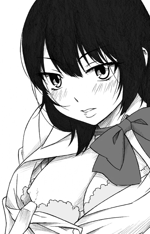 sawa jaaji, suehiro anna, hourou musuko, bad id, bad pixiv id, traditional media, 1girl, blush, bra, bra pull, breast slip, breasts, center opening, clothes pull, female focus, greyscale, large breasts, lingerie, monochrome, nipples, one breast out, ribbon, shirt pull, solo, underwear