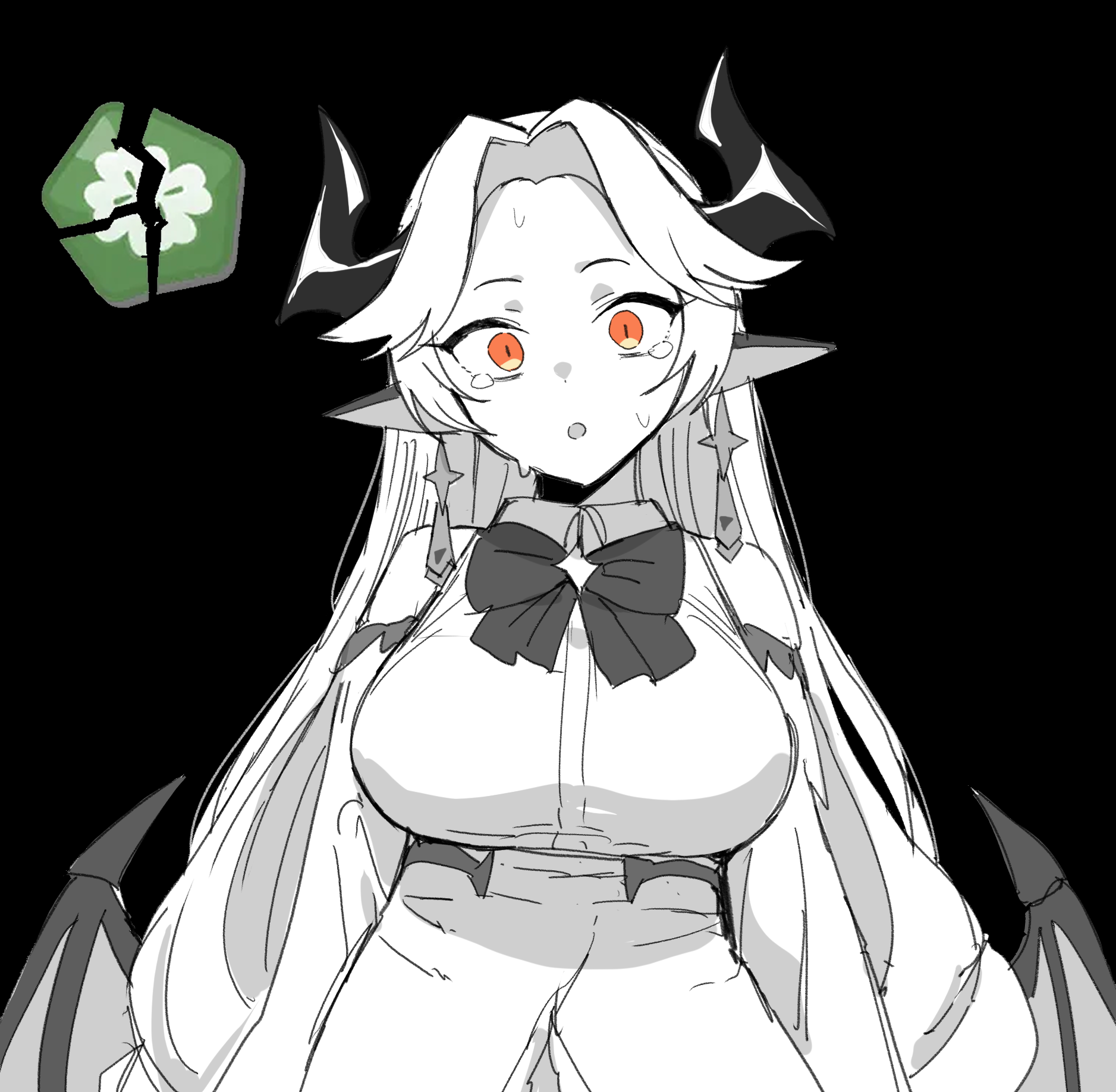 xipa, vivi (trickcal), trickcal, commentary, english commentary, highres, 1girl, black background, bow, breasts, broken heart, colored skin, crying, crying with eyes open, dragon girl, dragon horns, dragon wings, dress, earrings, forehead, heart, horns, jewelry, large breasts, long hair, looking at viewer, orange eyes, partially colored, pointy ears, simple background, solo, standing, sweat, tearing up, tears, white dress, white hair, white skin, wings