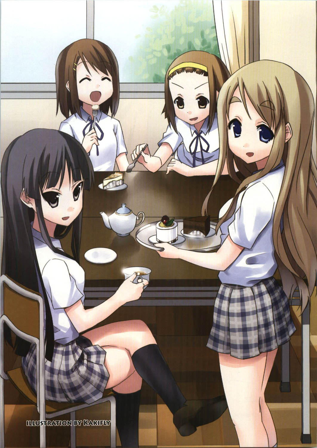 kakifly, akiyama mio, hirasawa yui, kotobuki tsumugi, tainaka ritsu, k-on!, eyebrows, highres, official art, scan, 00s, 4girls, black eyes, black hair, black socks, blonde hair, blue eyes, blunt bangs, brown eyes, brown hair, cake, closed eyes, crossed legs, cup, eating, food, fork, hair ornament, hairband, hairclip, hime cut, ho-kago tea time, kneehighs, long hair, looking back, multiple girls, open mouth, pastry, plaid clothes, plaid skirt, school uniform, serafuku, short hair, sitting, skirt, socks, tea, teacup, teapot, tray