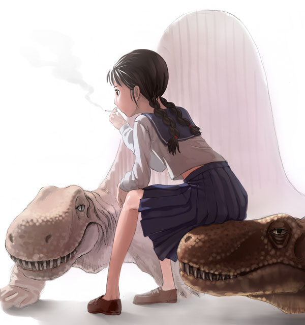 parasaurolophs, parasaurorofusu, original, bad id, bad pixiv id, 1girl, animal, braid, brown hair, cigarette, dimetrodon, female focus, midriff, school uniform, serafuku, sitting, skirt, smoking, solo, surreal, theropsid, twin braids