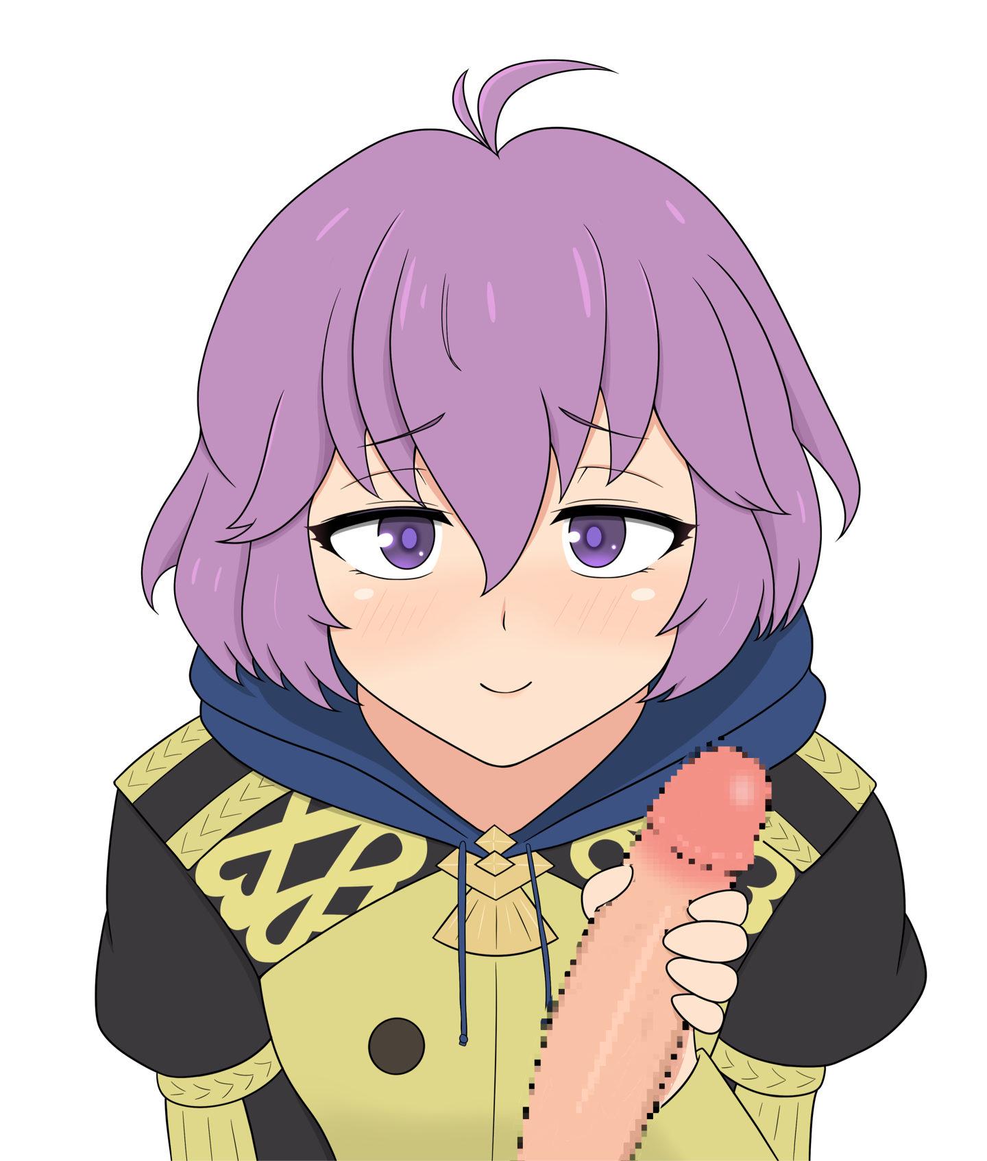 yoshio hentai, bernadetta von varley, fire emblem, fire emblem: three houses, nintendo, commentary request, highres, textless version, 1boy, 1girl, ahoge, blush, censored, garreg mach monastery uniform, hair between eyes, handjob, hetero, hood, hood down, long sleeves, looking at viewer, messy hair, mosaic censoring, penis, pov, purple eyes, purple hair, simple background, smile, solo focus, white background