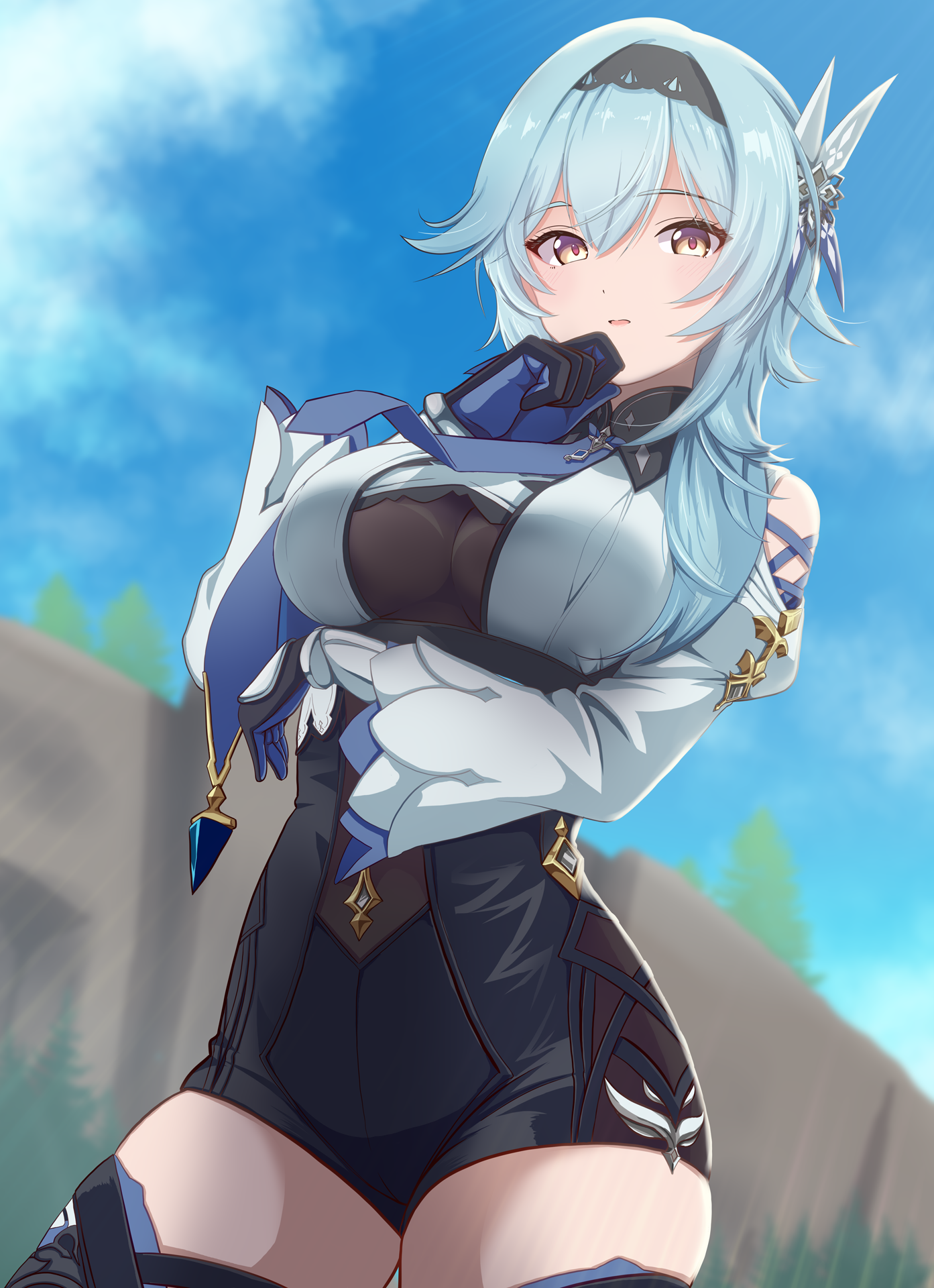 mimkai, eula (genshin impact), genshin impact, highres, 1girl, arm under breasts, black gloves, black hairband, blue hair, blue necktie, blue sky, breasts, clothing cutout, cowboy shot, day, gloves, hair ornament, hairband, hand on own chin, high-waist shorts, large breasts, long hair, medium hair, necktie, orange eyes, parted lips, shorts, shoulder cutout, sky, solo, stroking own chin, wide sleeves