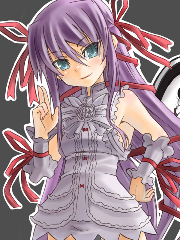 higeno shinshi, al azif (demonbane), demonbane, 00s, aqua eyes, blue eyes, frills, hair ribbon, hand on own hip, hip focus, long hair, purple hair, ribbon, solo, wrist cuffs