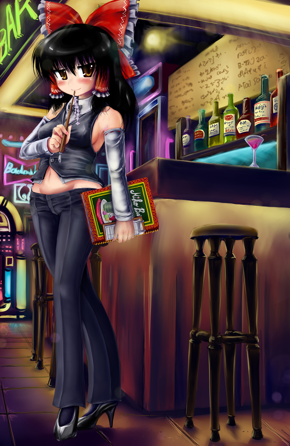 okiraku nikku, hakurei reimu, touhou, highres, 1girl, alternate costume, bar (place), black hair, breasts, casual, contemporary, detached sleeves, drink, female focus, high heels, midriff, navel, orange eyes, pants, ribbon, shoes, short hair, sideboob, solo, stool, waitress