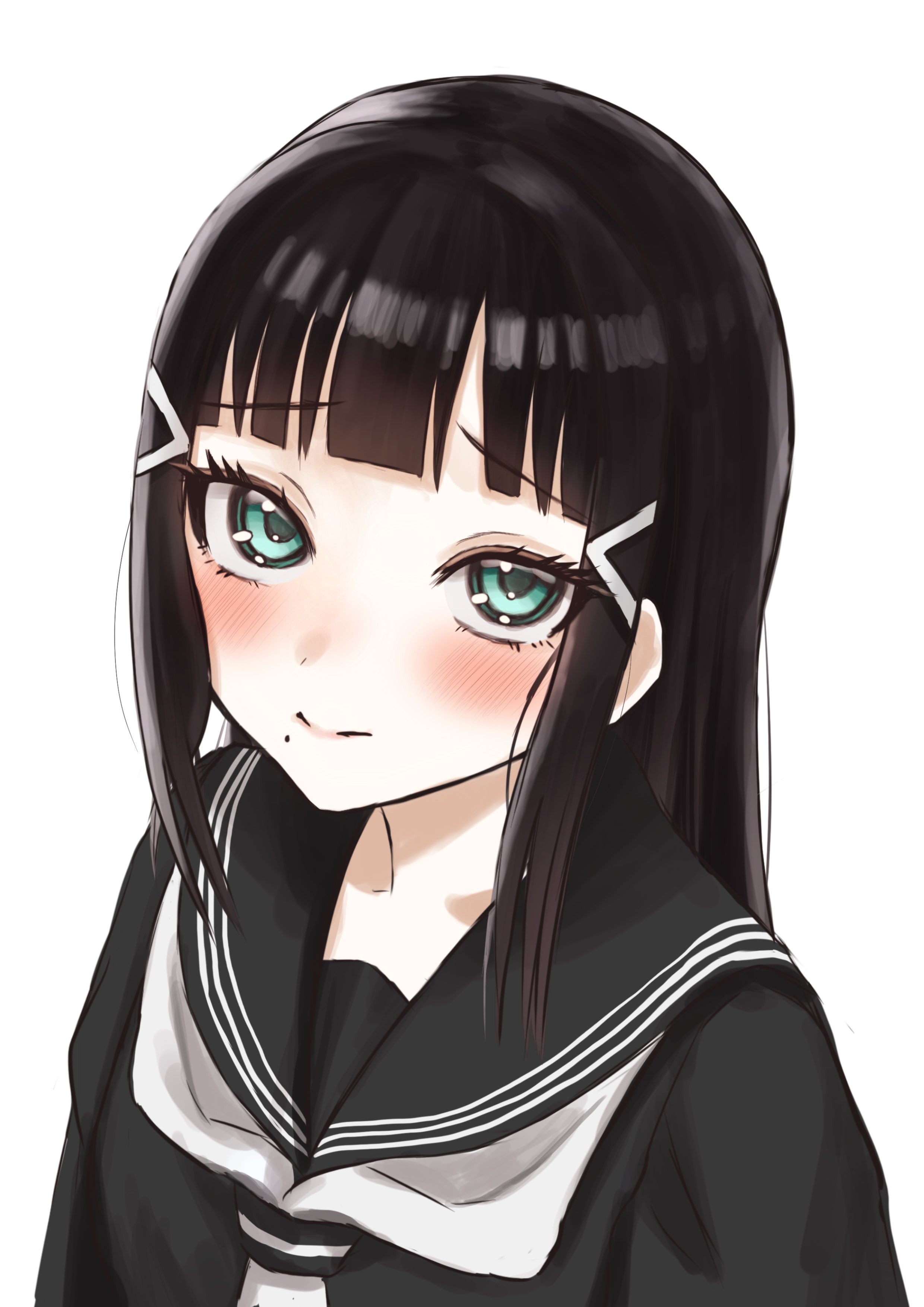 ponyou1030, kurosawa dia, love live!, love live! sunshine!!, absurdres, commentary, highres, 1girl, aqua eyes, black hair, blue sailor collar, blunt bangs, blush, closed mouth, long hair, looking at viewer, mole, mole under mouth, neckerchief, raised inner eyebrows, sailor collar, school uniform, serafuku, sidelocks, simple background, solo, split mouth, upper body, uranohoshi school uniform, white background, white neckerchief