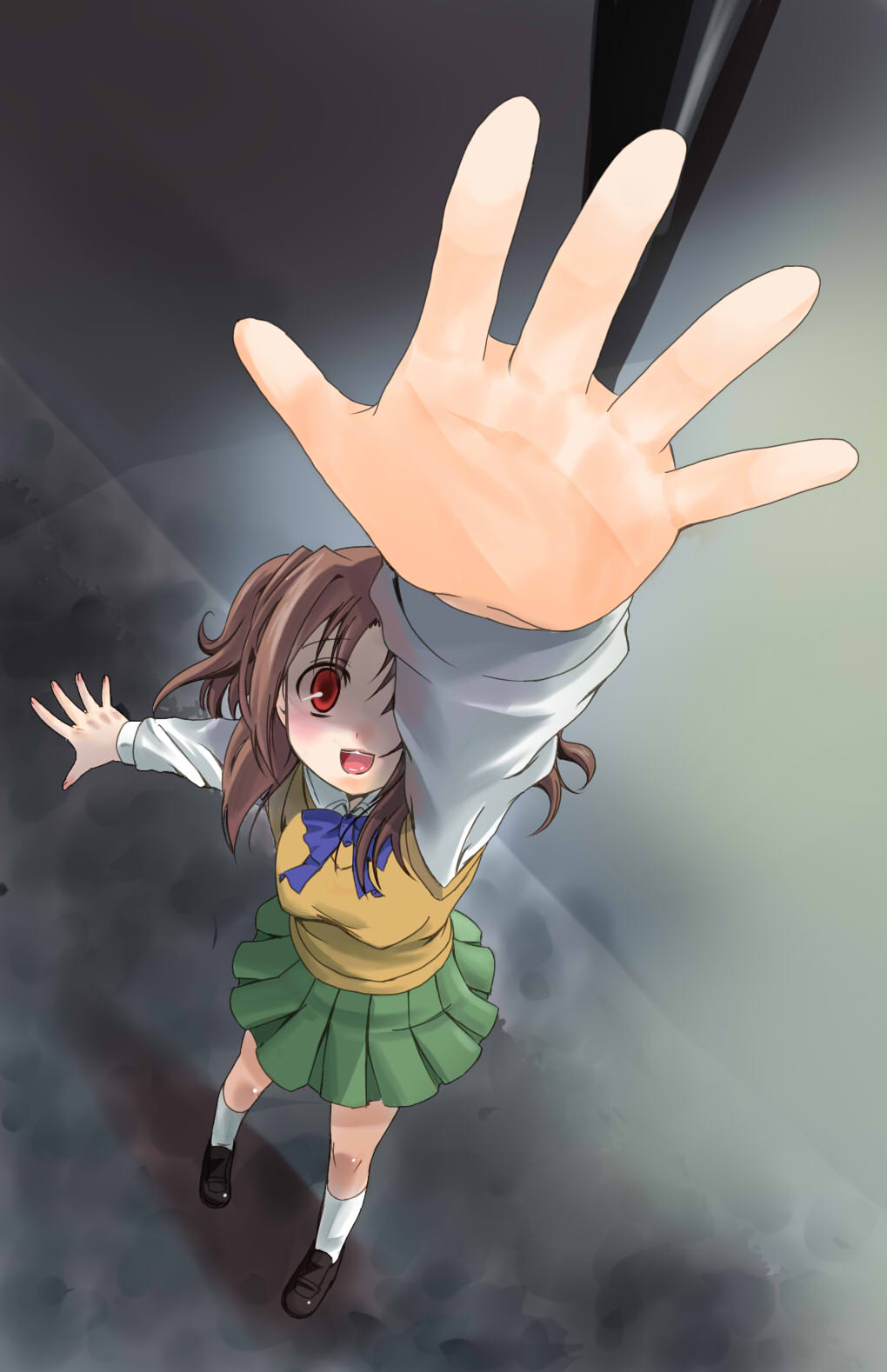 higeno shinshi, yumizuka satsuki, tsukihime, highres, 00s, brown hair, foreshortening, outstretched arm, outstretched hand, reaching, red eyes, school uniform, solo