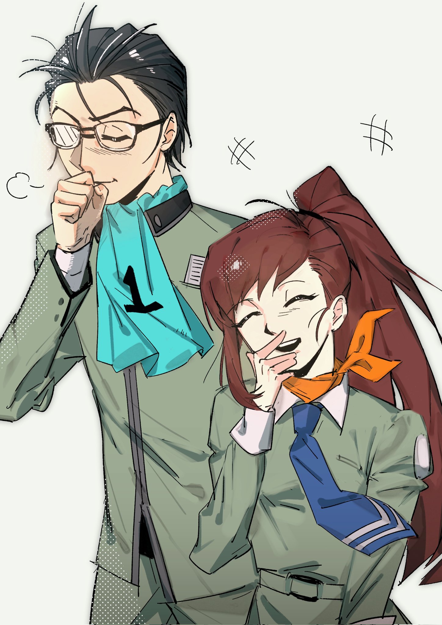 kirishima eriko, nanjou kei, persona, persona 1, commentary, highres, 1boy, 1girl, :d, aqua ascot, ascot, black-framed eyewear, black hair, blue necktie, catfish05, clenched hand, closed eyes, closed mouth, glasses, green jacket, hair slicked back, hand to own mouth, hand up, height difference, jacket, laughing, long hair, long sleeves, necktie, open mouth, orange scarf, puff of air, red hair, scarf, school uniform, short hair, side ponytail, simple background, single sidelock, smile, st. hermelin school uniform, teeth, upper body, upper teeth only, white background, wing collar