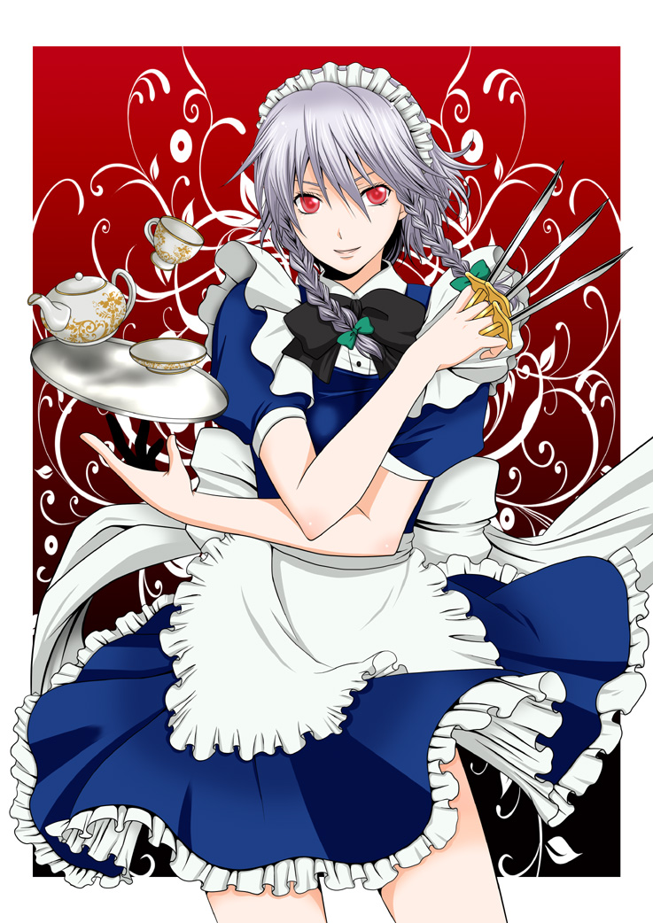 galaxy blue, izayoi sakuya, touhou, silver hair, md5 mismatch, 1girl, apron, braid, cup, female focus, hairband, knife, red eyes, short hair, solo, teacup, teapot, tray, twin braids