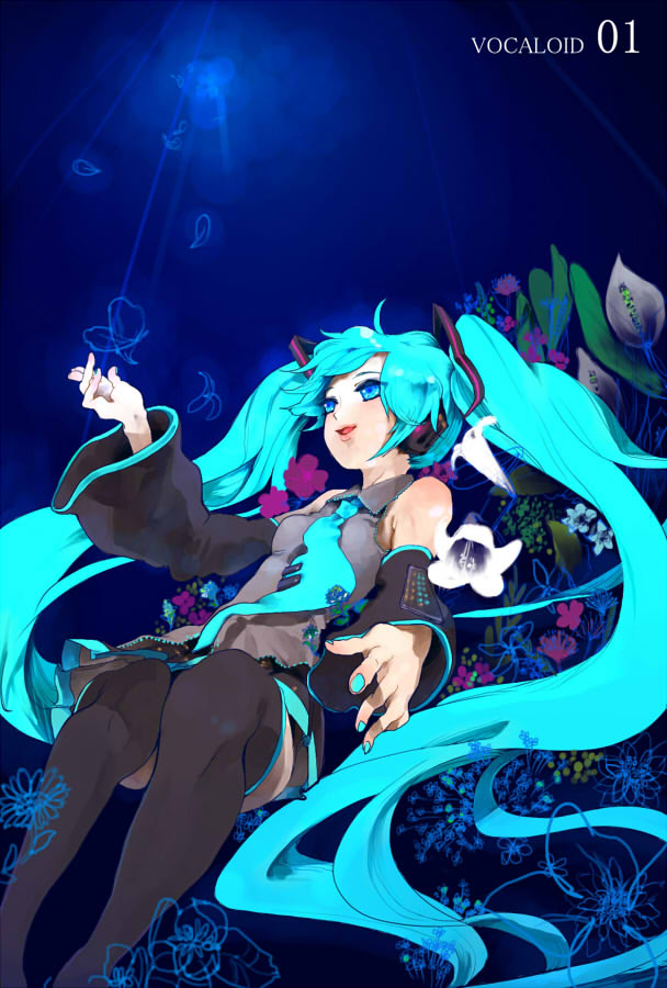 hatsune miku, vocaloid, 1girl, aqua hair, bare shoulders, blue eyes, blue nails, detached sleeves, female focus, flower, foreshortening, headphones, long hair, nail polish, necktie, shirt, skirt, sleeveless, sleeveless shirt, solo, thighhighs, twintails, very long hair, zettai ryouiki
