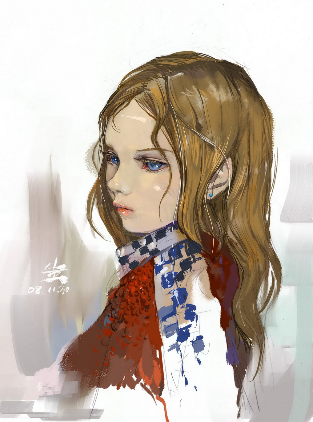 amatiz, original, highres, 1girl, blue eyes, brown hair, colored eyelashes, earrings, eyelashes, female focus, jewelry, long hair, portrait, realistic, scarf, solo, wavy hair