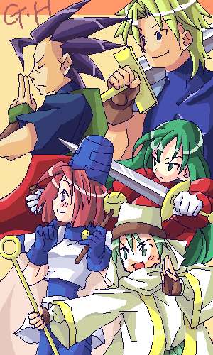 ginjirou ibushi, nicole neil, randy m green, samuel han, serena corsair, guardian heroes, lowres, 2girls, 3boys, armor, blonde hair, blue eyes, cape, closed eyes, fingerless gloves, gloves, green eyes, green hair, hat, japanese clothes, knight, long hair, multiple boys, multiple girls, ninja, shield, short hair, skirt, smile, staff, sword, weapon