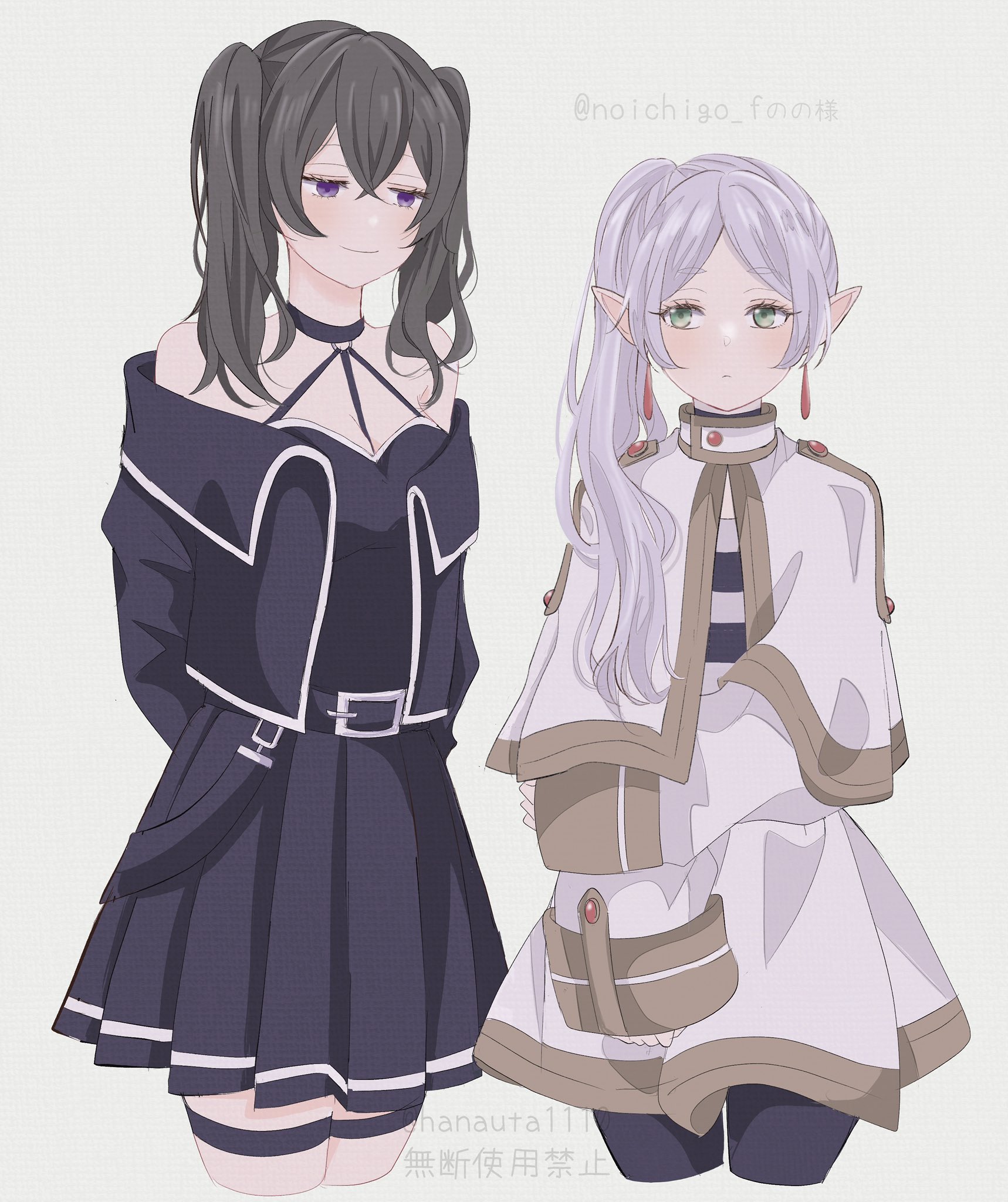 hana (hanauta1110), frieren, ubel (sousou no frieren), sousou no frieren, commentary request, highres, 2girls, alternate hairstyle, arms behind back, black choker, black dress, black pantyhose, breasts, capelet, choker, cleavage, cropped legs, dress, earrings, green eyes, green hair, grey hair, hairstyle switch, halterneck, jewelry, medium breasts, multiple girls, pantyhose, pointy ears, purple hair, side ponytail, skirt, sleeves past wrists, smile, teardrop earrings, thigh strap, twintails, twitter username, watermark, white capelet, white skirt