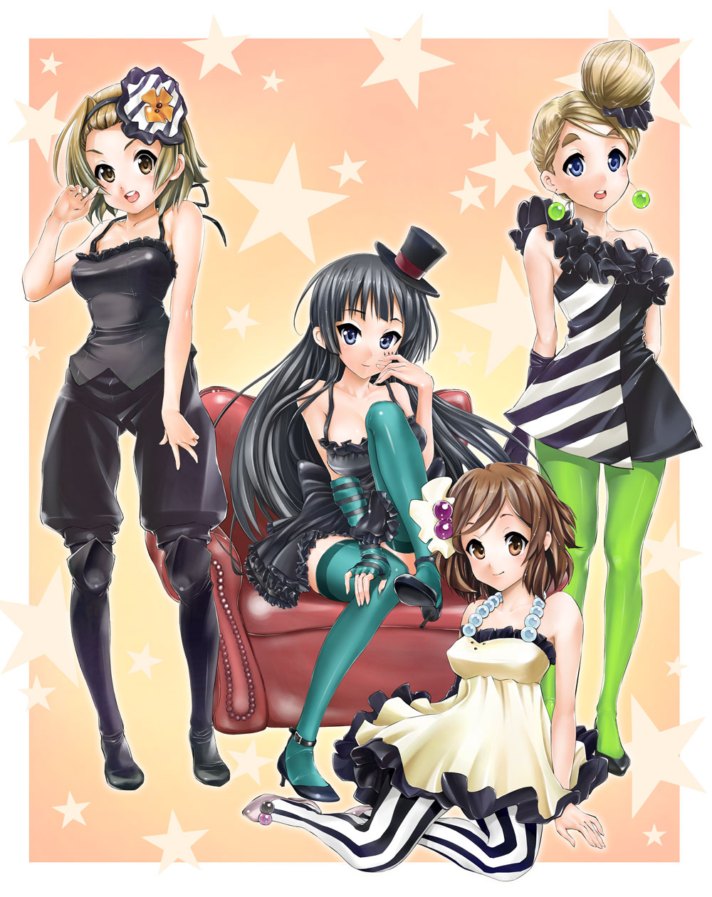 maruyama, akiyama mio, hirasawa yui, kotobuki tsumugi, tainaka ritsu, don't say "lazy", k-on!, black legwear, blue legwear, striped legwear, vertical-striped legwear, highres, 00s, 4girls, aqua thighhighs, bare shoulders, capri pants, chair, earrings, green pantyhose, hat, high heels, ho-kago tea time, jewelry, legs, mini hat, mini top hat, multiple girls, pants, pantyhose, shoes, sitting, star (symbol), striped clothes, striped pantyhose, thighhighs, tomboy, top hat, vertical-striped clothes, vertical-striped pantyhose