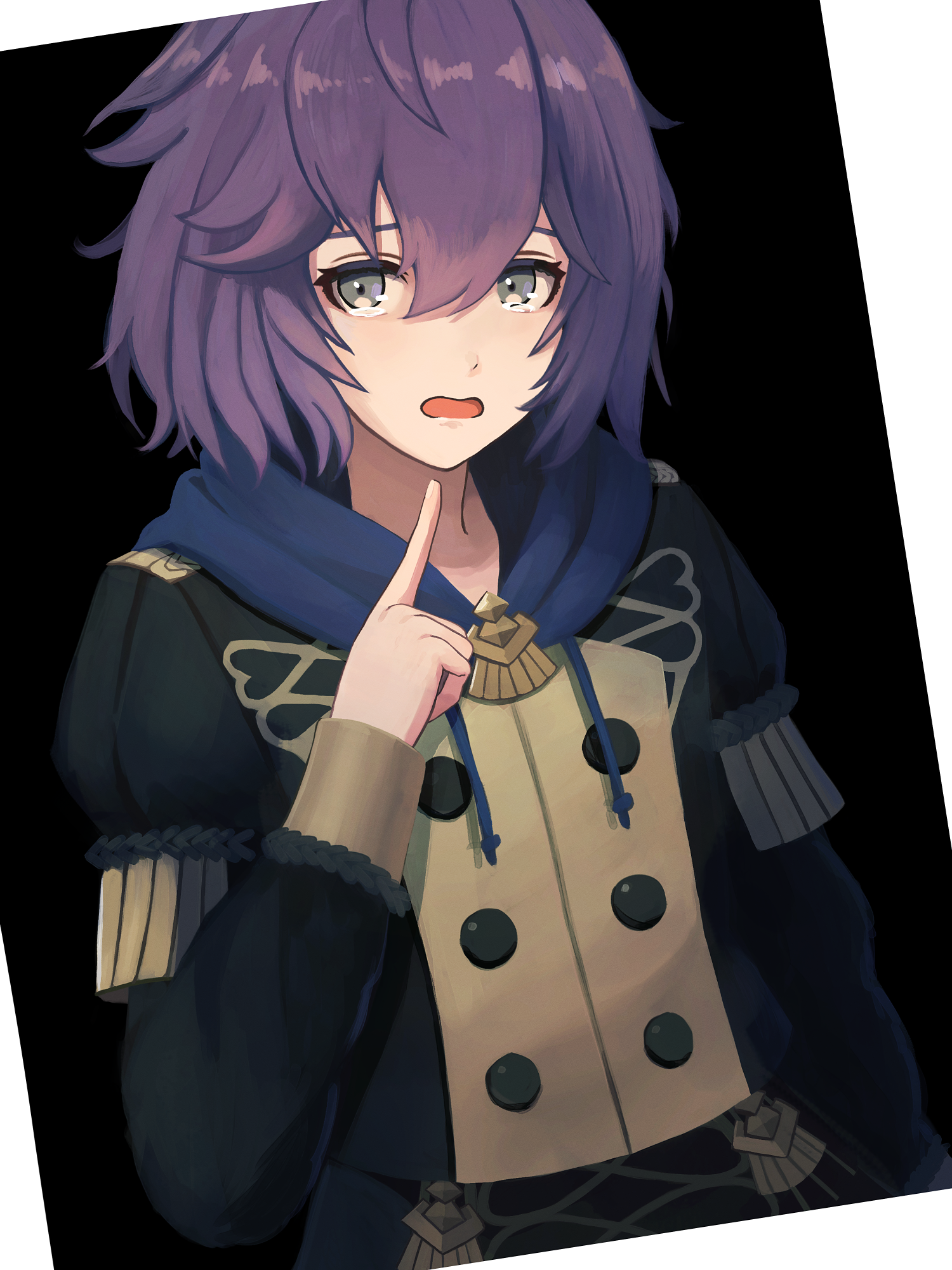 labebebe lee, bernadetta von varley, fire emblem, fire emblem: three houses, nintendo, commentary request, highres, 1girl, black background, epaulettes, garreg mach monastery uniform, grey eyes, hair between eyes, hood, hood down, index finger raised, long sleeves, open mouth, purple hair, short hair, simple background, solo, two-tone background, upper body, white background