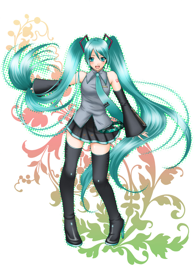 galaxy blue, hatsune miku, vocaloid, aqua eyes, aqua hair, boots, detached sleeves, long hair, necktie, thigh boots, thighhighs, twintails, very long hair, zettai ryouiki