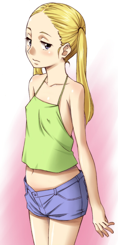 sawa jaaji, long image, tall image, blonde hair, blue eyes, blush, covered erect nipples, flat chest, long hair, midriff, navel, shorts, solo, tank top, twintails
