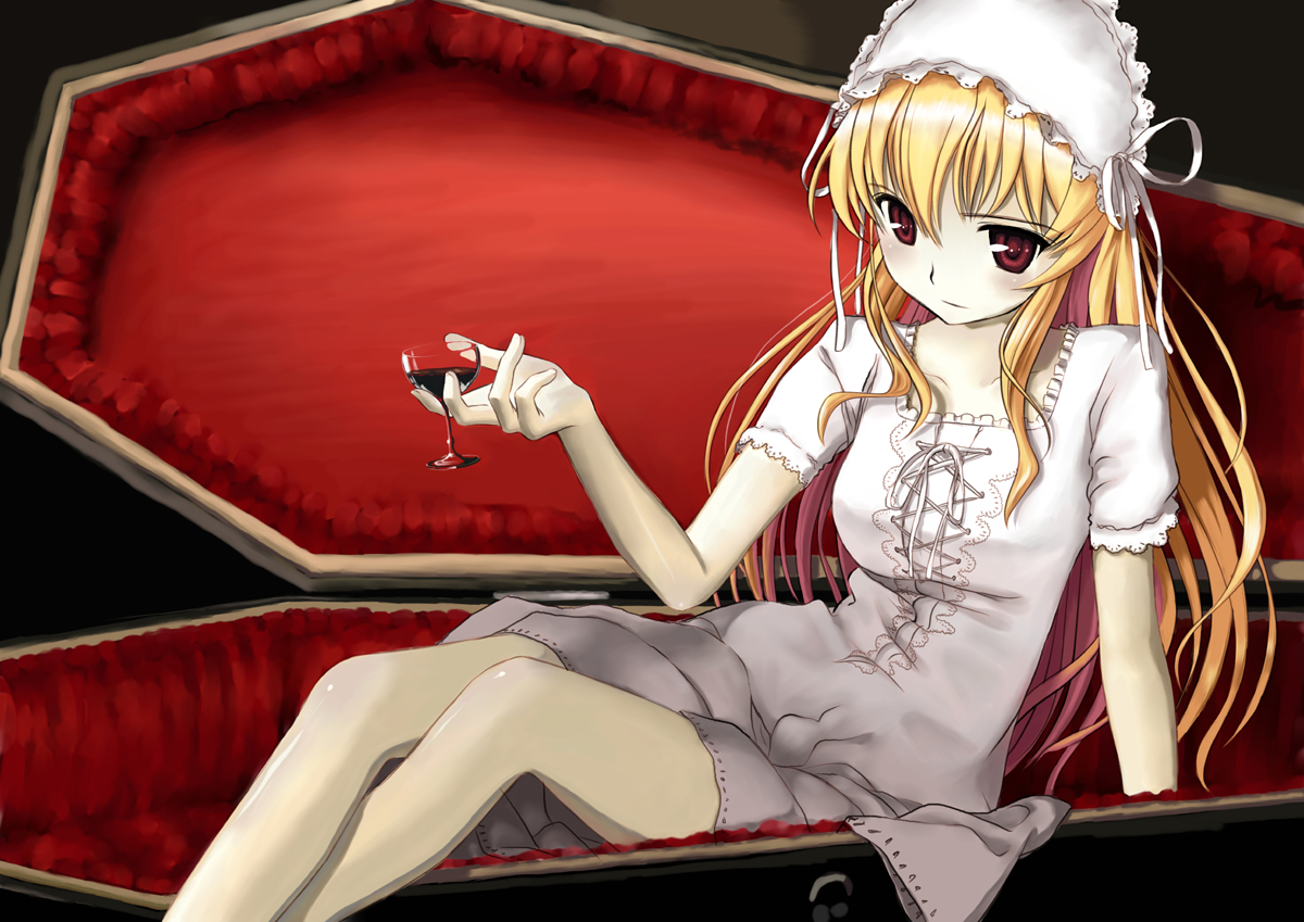 mocha, sendou erika, fortune arterial, 1girl, alcohol, blonde hair, blood, coffin, cupping glass, drink, female focus, glass, headdress, long hair, red eyes, solo, vampire, wine