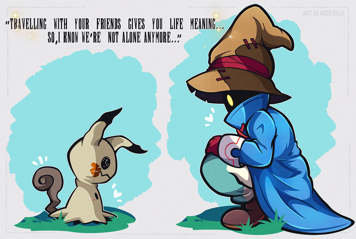 woofzilla, black mage (final fantasy), mimikyu, final fantasy, nintendo, pokemon, 1boy, blue coat, brown hat, coat, crossover, english text, engrish text, full body, gen 7 pokemon, grey background, hands on own knees, hat, heart, looking at another, male focus, pokemon (creature), ranguage, squatting, witch hat, yellow eyes