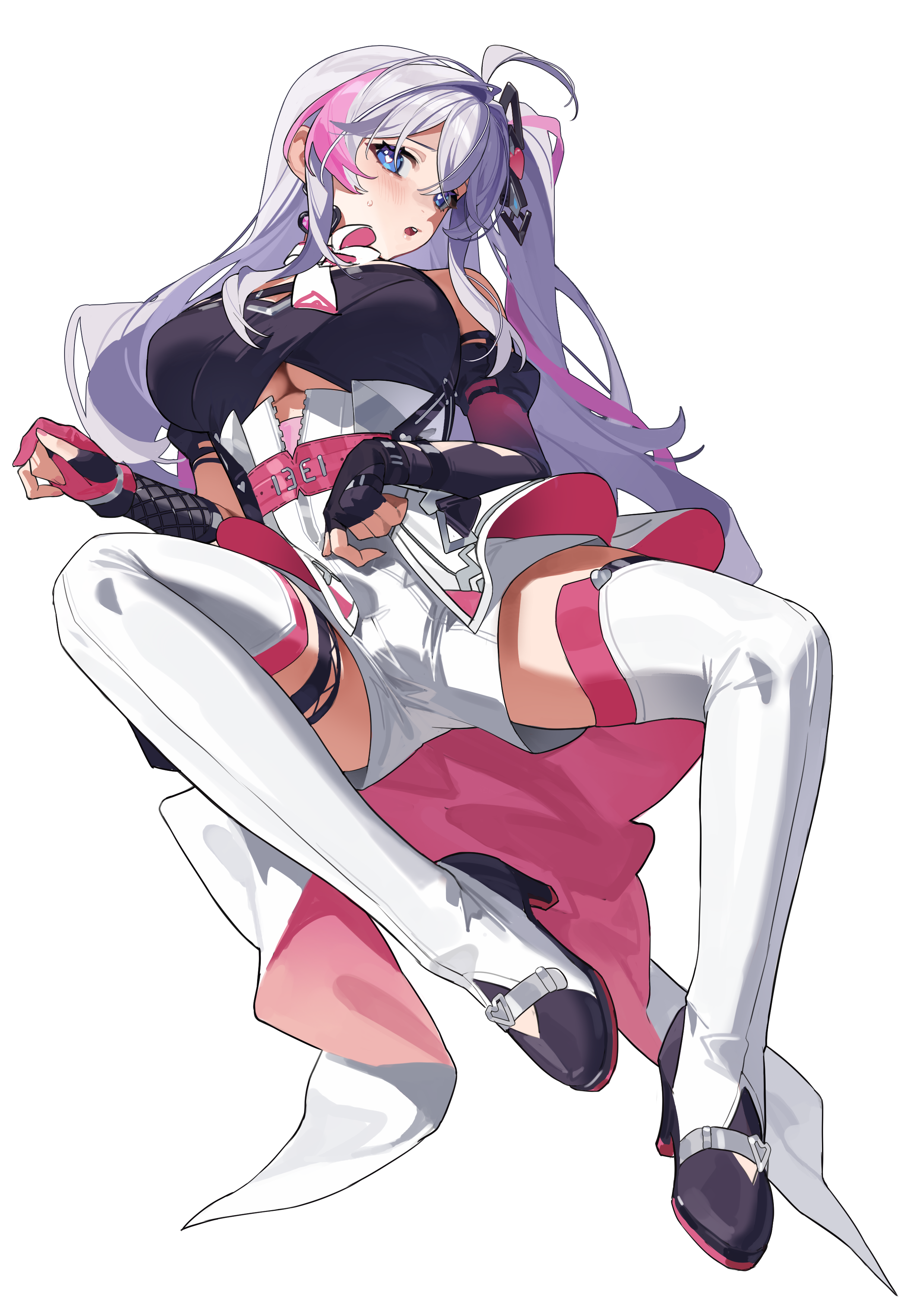 red cucumber, kanami (strinova), strinova, absurdres, highres, 1girl, ahoge, blue eyes, boots, breasts, full body, heart, heart-shaped pupils, large breasts, long hair, looking at viewer, lying, multicolored hair, on back, one side up, open mouth, pink hair, shoes, simple background, solo, streaked hair, symbol-shaped pupils, thigh boots, underboob, white background, white boots, white hair, white shoes