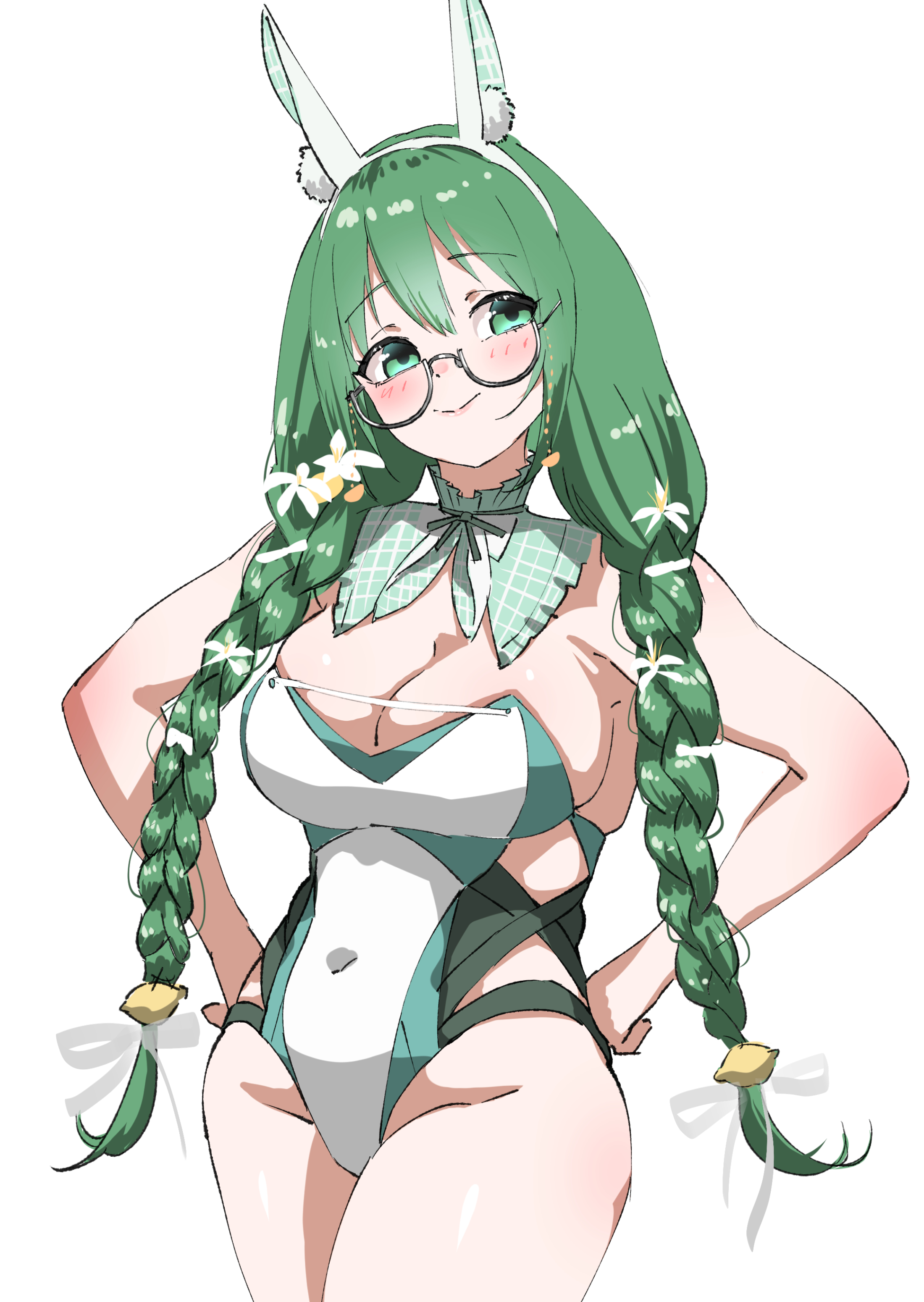 tama (tamago), kagura suzu (.live), .live, absurdres, commentary request, highres, 1girl, animal ear hairband, animal ears, braid, breasts, cleavage, covered navel, detached collar, fake animal ears, flower, food-themed hair ornament, glasses, green eyes, green hair, hair flower, hair ornament, hairband, hands on own hips, head tilt, large breasts, lemon hair ornament, leotard, low twin braids, navel, playboy bunny, rabbit ears, semi-rimless eyewear, smile, solo, strapless, strapless leotard, thighs, twin braids, under-rim eyewear, virtual youtuber