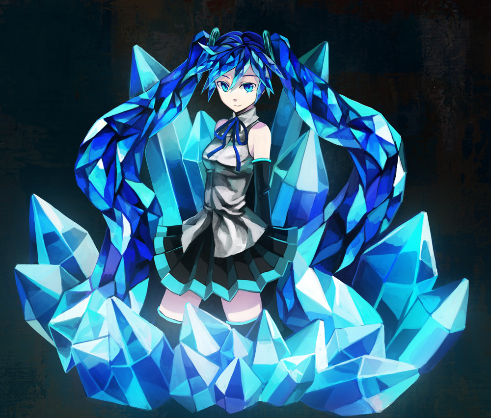 osamu (jagabata), hatsune miku, vocaloid, bad id, bad pixiv id, blue eyes, crystal, detached sleeves, ice, long hair, skirt, solo, thighhighs, twintails, very long hair