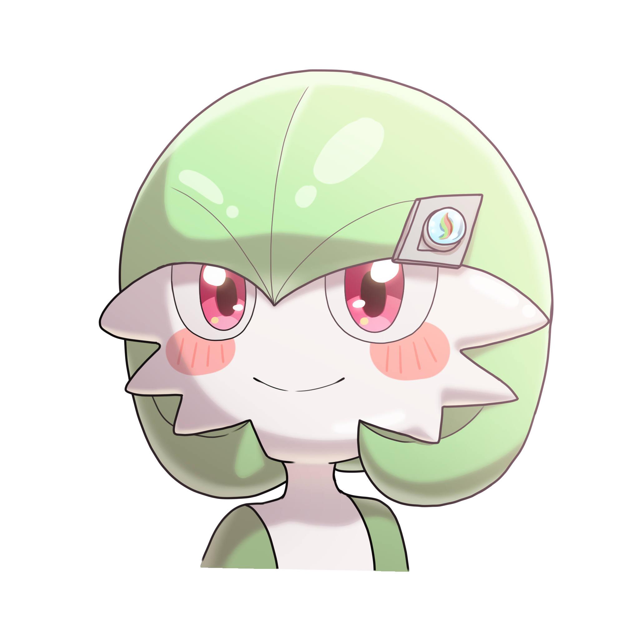 ridorido, gardevoir, nintendo, pokemon, pokemon (anime), poketoon, derivative work, highres, screenshot redraw, 1girl, blush, blush stickers, bob cut, closed mouth, colored skin, cropped torso, female focus, gen 3 pokemon, green hair, green skin, hair between eyes, hair ornament, hairclip, happy, looking afar, mega stone, multicolored skin, pokemon (creature), red eyes, short hair, simple background, smile, solo, split mouth, two-tone skin, upper body, white background, white skin