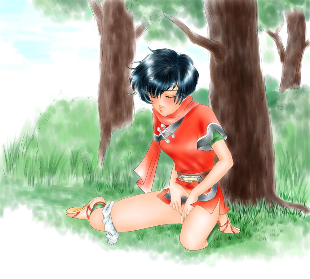 kasumi (suikoden), gensou suikoden, gensou suikoden i, gensou suikoden ii, 1girl, black hair, blush, closed eyes, female focus, female masturbation, masturbation, ninja, open mouth, panties, panties around leg, sandals, short hair, solo, underwear