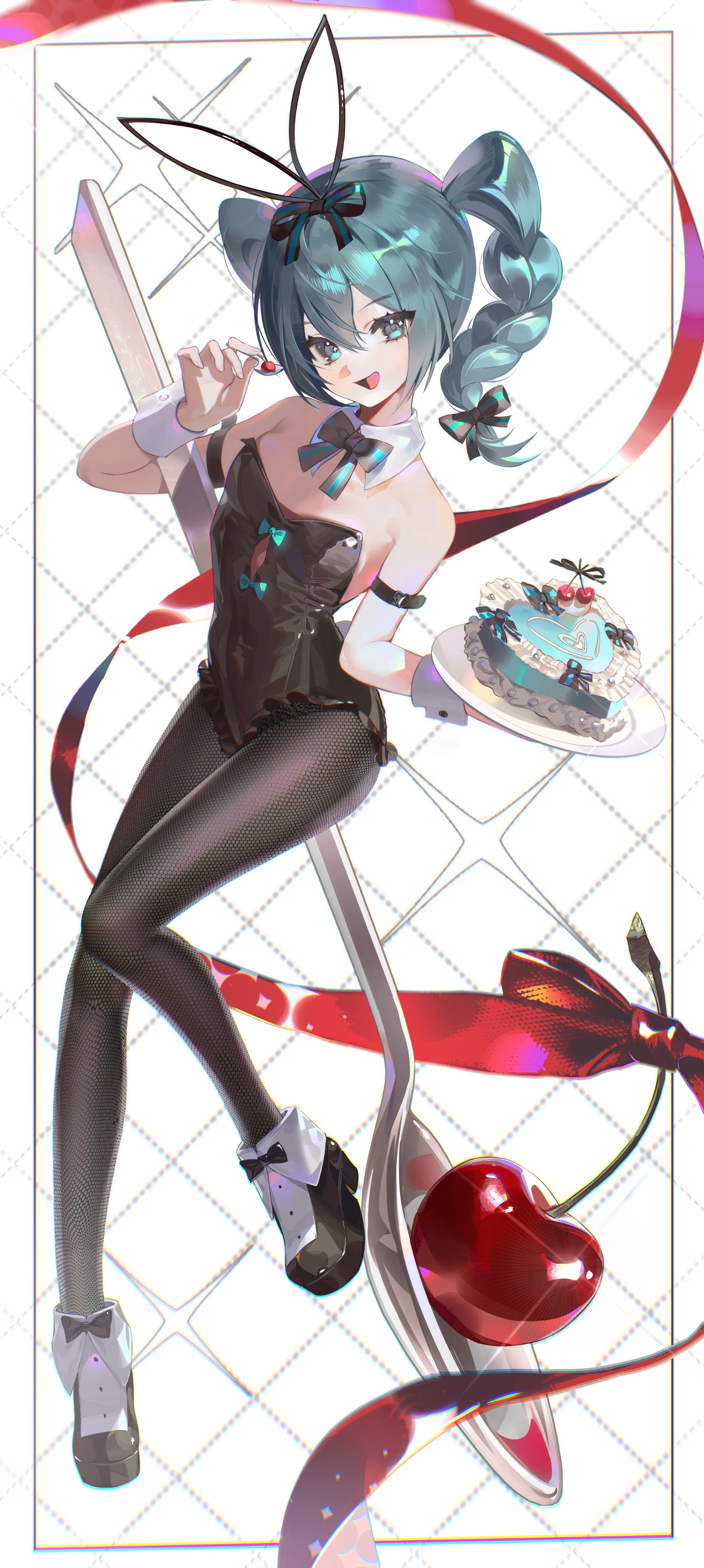 eskm00, bicute bunnies miku, bicute bunnies miku (rurudo), hatsune miku, vocaloid, absurdres, highres, 1girl, animal ears, aqua eyes, aqua hair, arm belt, black leotard, black pantyhose, bow, bowtie, braid, cake, cherry, detached collar, fake animal ears, food, fruit, hair bow, holding, holding tray, leotard, looking at viewer, pantyhose, solo, spoon, strapless, strapless leotard, tray, twin braids, white wrist cuffs, wrist cuffs