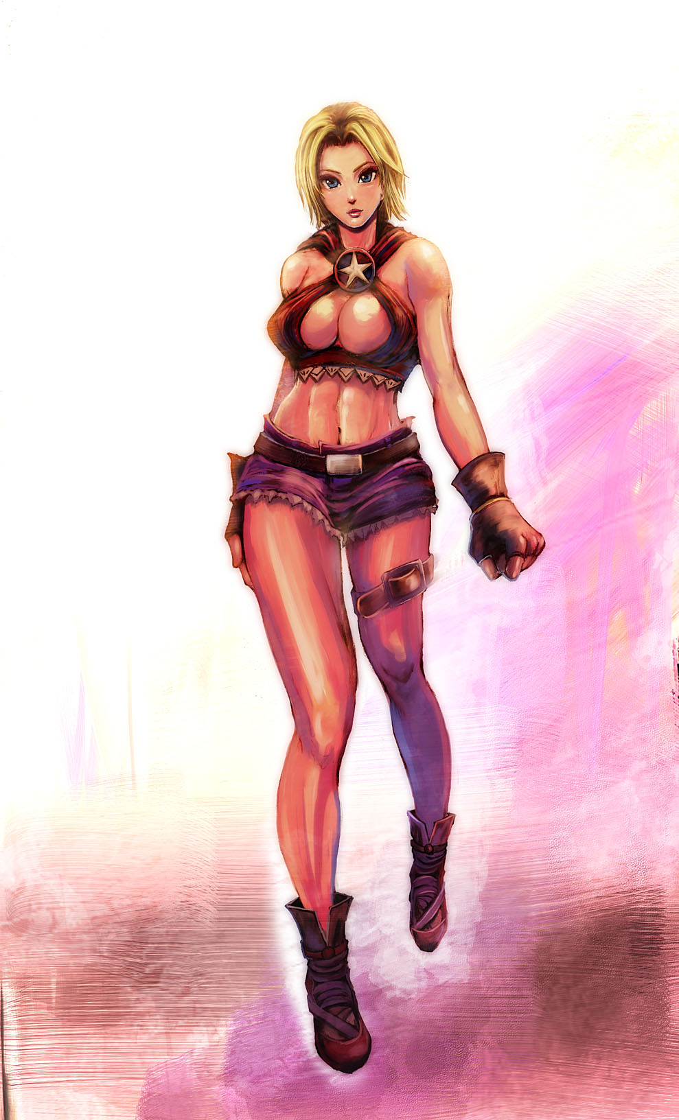 bccp, blue mary, fatal fury, snk, the king of fighters, highres, 1girl, abs, belt, blonde hair, blue eyes, breasts, center opening, cleavage, cleavage cutout, clothing cutout, curvy, denim, denim shorts, female focus, fingerless gloves, gloves, halterneck, midriff, muscular, navel, short hair, shorts, solo, thigh strap