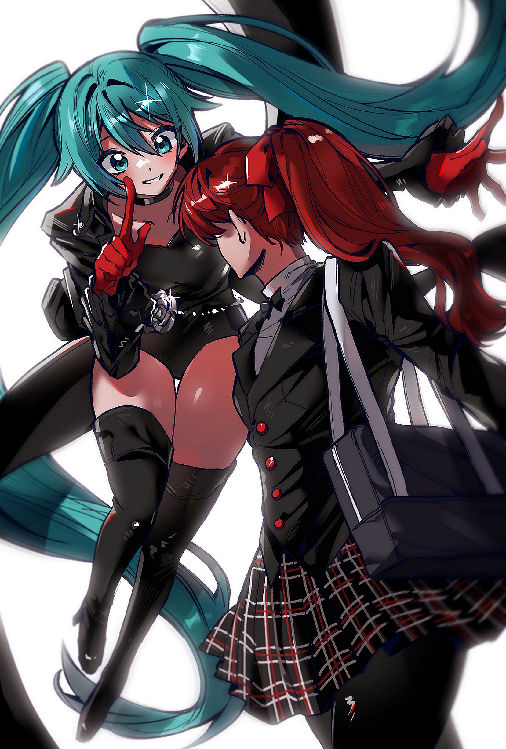 hatsune miku, violet (persona 5), yoshizawa kasumi, persona, persona 5, persona 5 the royal, project sekai, vocaloid, absurdres, commentary request, highres, korean commentary, 2girls, aqua eyes, aqua hair, bag, black bag, black boots, black choker, black coat, black jacket, black leotard, black pantyhose, black skirt, blazer, blush, boots, bow, choker, coat, cosplay, cowboy shot, ddunnaaaaa, finger to cheek, full body, gloves, hair between eyes, hair bow, hand up, jacket, leotard, long hair, long sleeves, looking at another, multiple girls, pantyhose, plaid clothes, plaid skirt, ponytail, red bow, red gloves, red hair, school bag, school uniform, shirt, shuujin academy school uniform, simple background, skirt, smile, sparkle, thigh boots, turning head, twintails, very long hair, white background, white shirt, yoshizawa kasumi (cosplay)