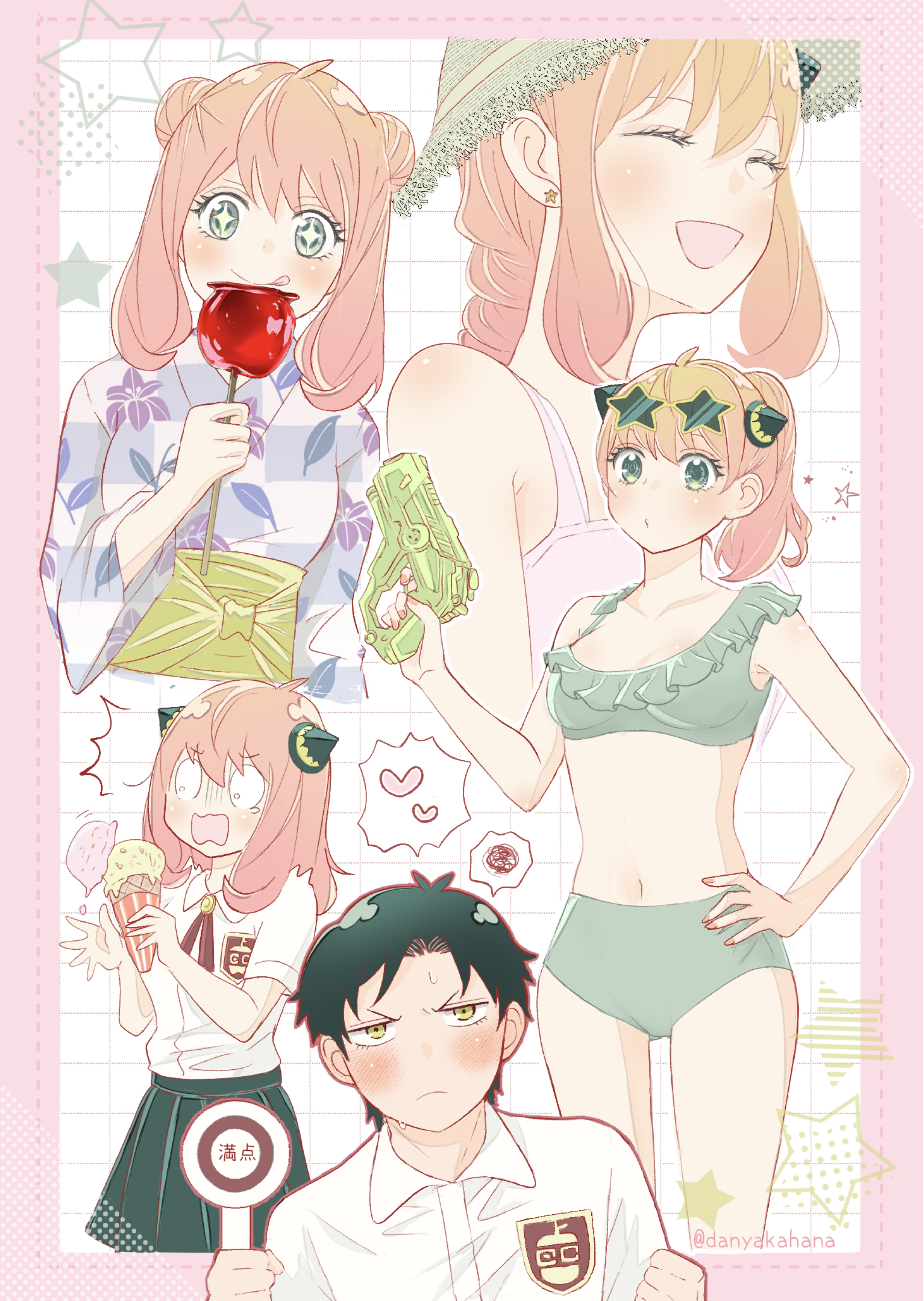 hana (hanauta1110), anya (spy x family), damian desmond, spy x family, absurdres, commentary request, highres, translation request, 1boy, 1girl, aged up, bikini, black hair, braid, breasts, candy apple, double bun, earrings, eyewear on head, food, green bikini, green eyes, hair bun, hairpods, hand on own hip, heart, holding, holding food, holding ice cream, holding sign, holding water gun, ice cream, japanese clothes, jewelry, kimono, navel, open mouth, pink hair, pleated skirt, ponytail, school uniform, sign, skirt, small breasts, spoken heart, spoken squiggle, squiggle, star-shaped eyewear, star (symbol), star earrings, sunglasses, sweatdrop, swimsuit, twitter username, water gun, wavy mouth, yukata